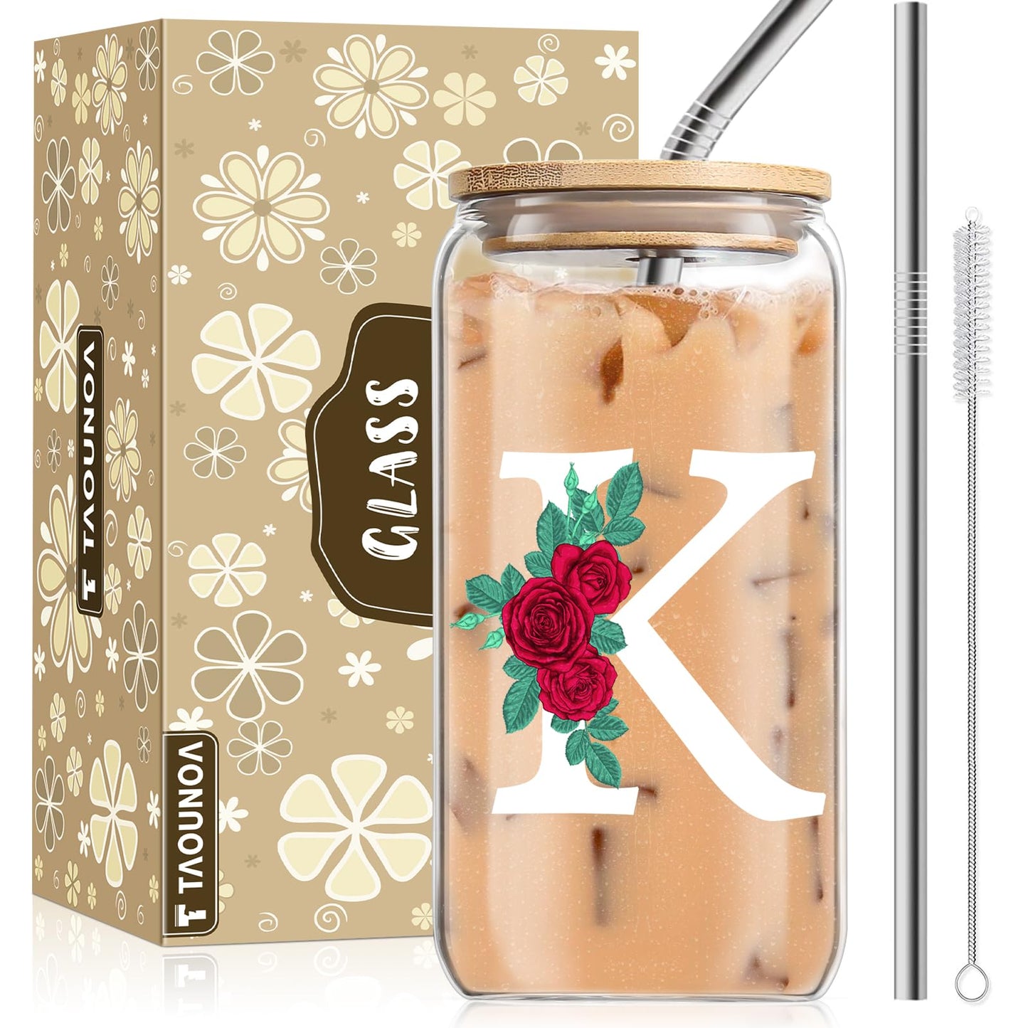 Initial Glass Cup, Birthday Gifts for Women, Color Changing 16 oz Glass Cups w/Lids Straws, Iced Coffee, Smoothie, Beer Glass Tumbler - Personalized Gifts Monogrammed Gifts for Her Mom, K