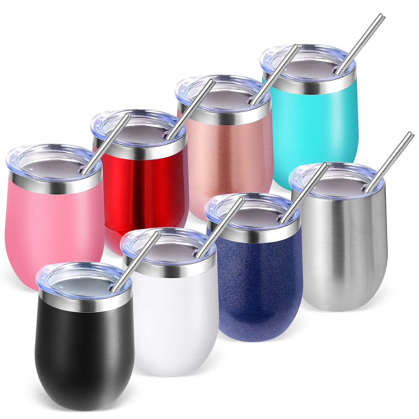 Volhoply 12oz Stainless Steel Wine Tumbler with Lid and Straw,Double Wall Vacuum Insulated Stemless Wine Glasses,Reusable Travel Coffee Mug for Cold Drinks,Small Tumblers Gifts for Women(White,1 Set)