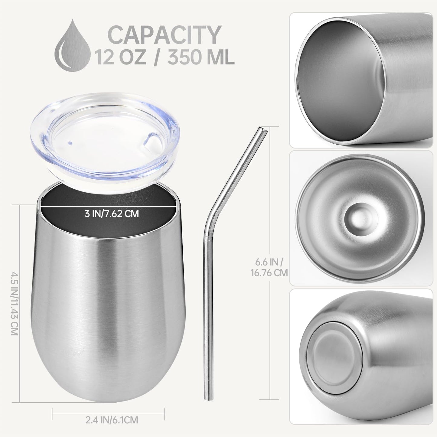 Volhoply 12oz Stainless Steel Wine Tumbler with Lid and Straw,Double Wall Vacuum Insulated Stemless Wine Glasses,Reusable Travel Coffee Mug for Cold Drinks,Small Tumblers Gifts for Women(White,1 Set)
