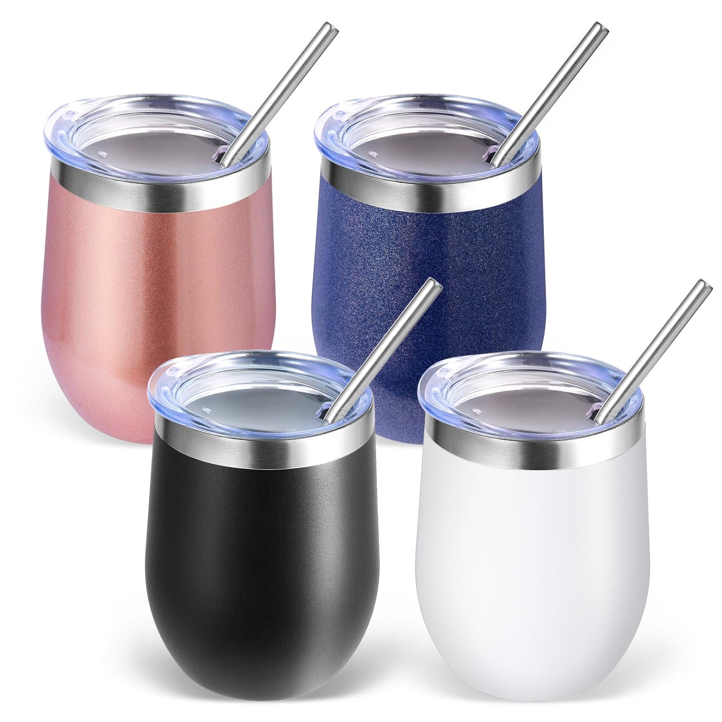 Volhoply 12oz Stainless Steel Wine Tumbler with Lid and Straw,Double Wall Vacuum Insulated Stemless Wine Glasses,Reusable Travel Coffee Mug for Cold Drinks,Small Tumblers Gifts for Women(White,1 Set)