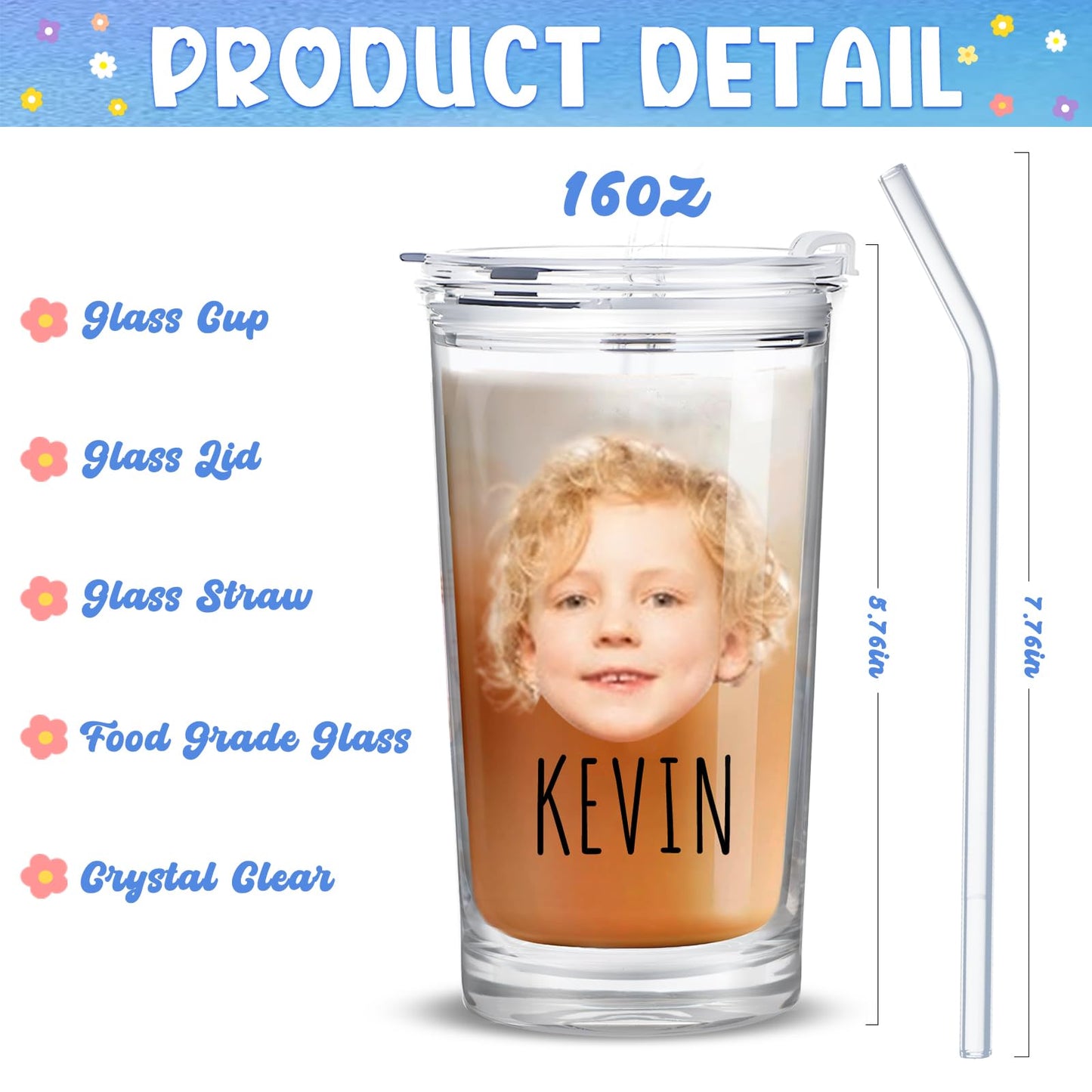 Personalized Glass Cup with Names Custom Water Tumbler Customized Coffee Drink Cup with Lid and Straw Customizable Birthdays Holidays Gifts for Kids Girls Boys 16OZ