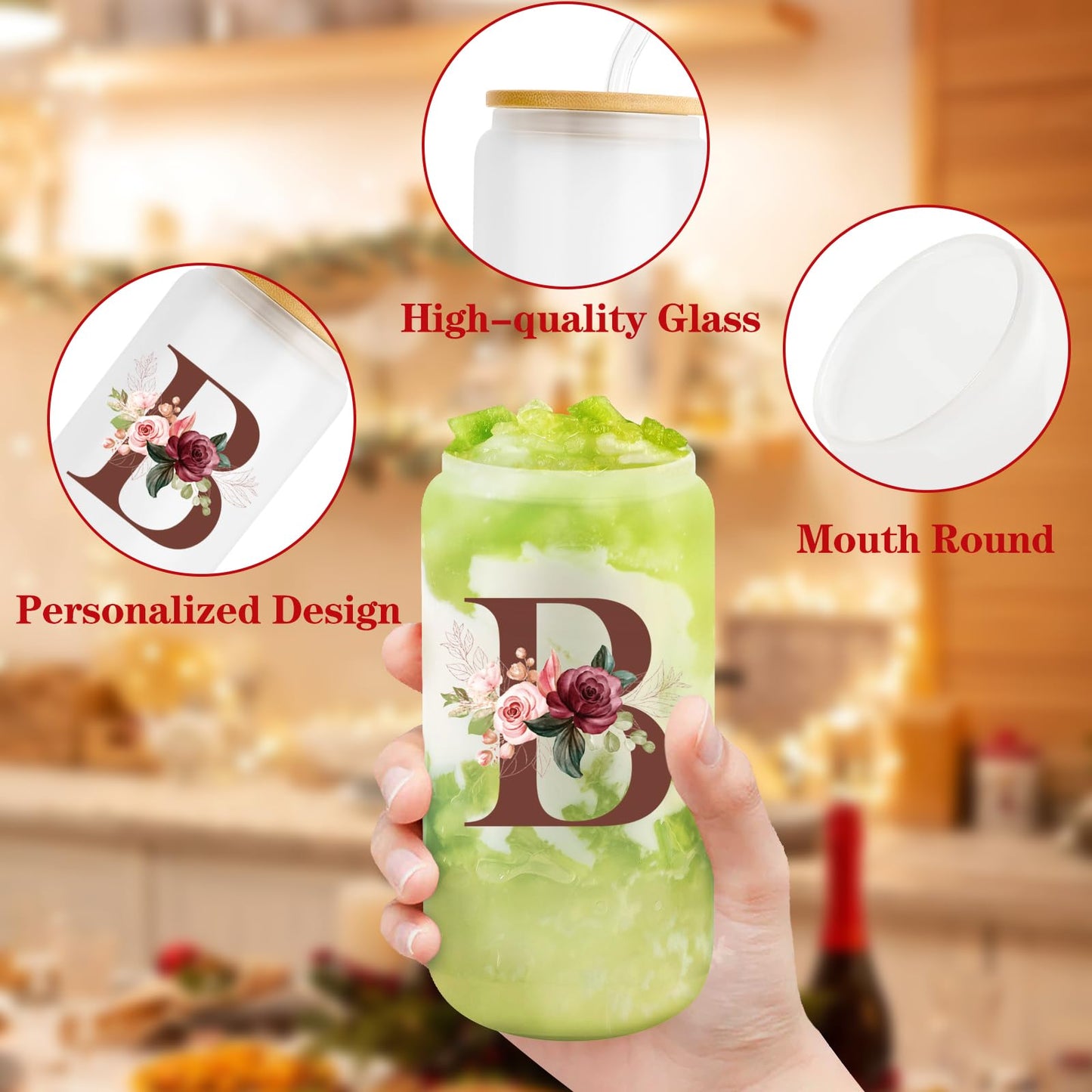 Birthday Gifts for Women, Personalized Gifts for Women, Monogrammed Initial Glass Cup - 16oz Glass Cups with Lids and Straws, Iced Coffee Cup, Beer Can Shaped Glass - Personalized Christmas Gifts J
