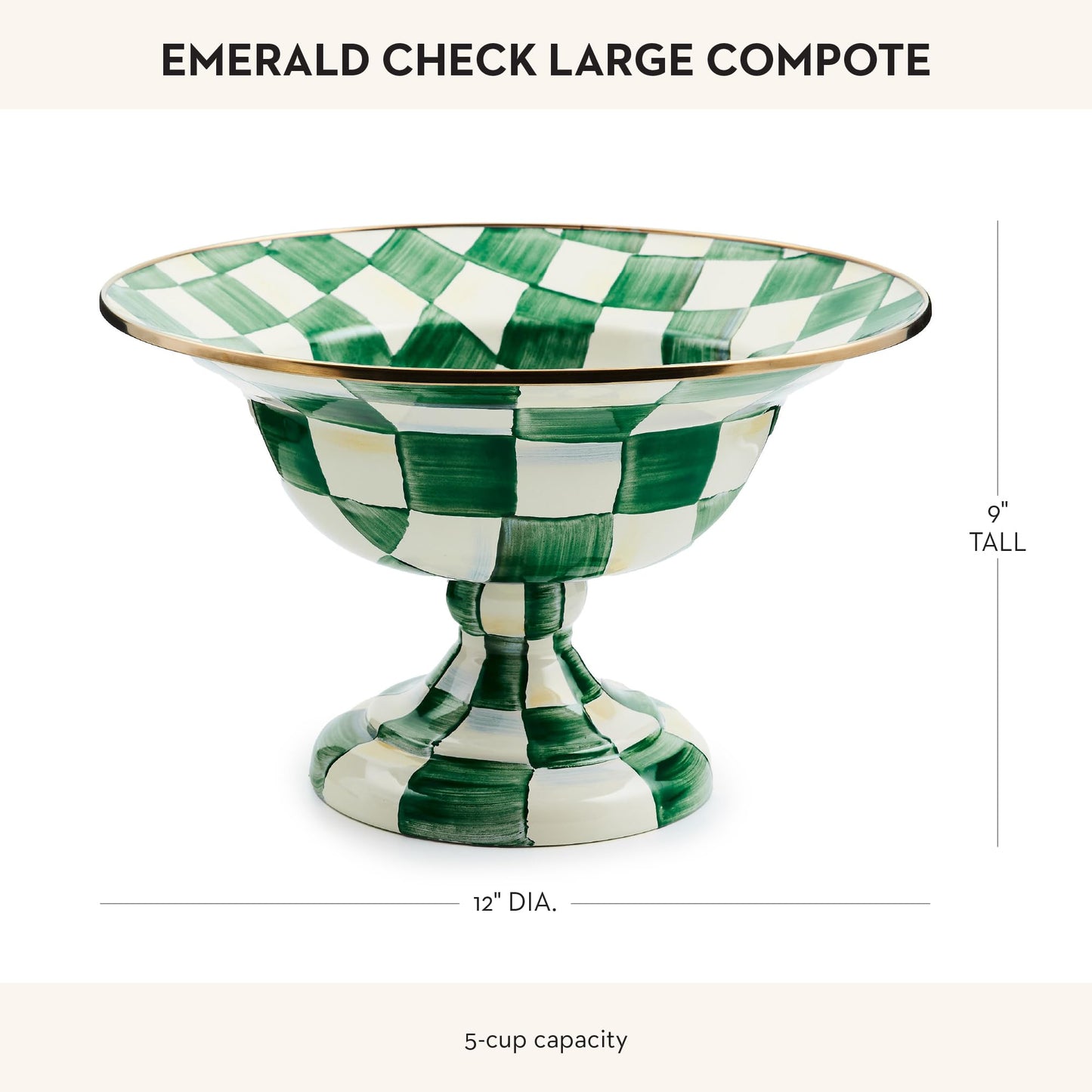 MACKENZIE-CHILDS Enamel Compote, Cute Enamel Pedestal Serving Dish or Decorative Bowl, Large, Brown-and-White Mocha Check
