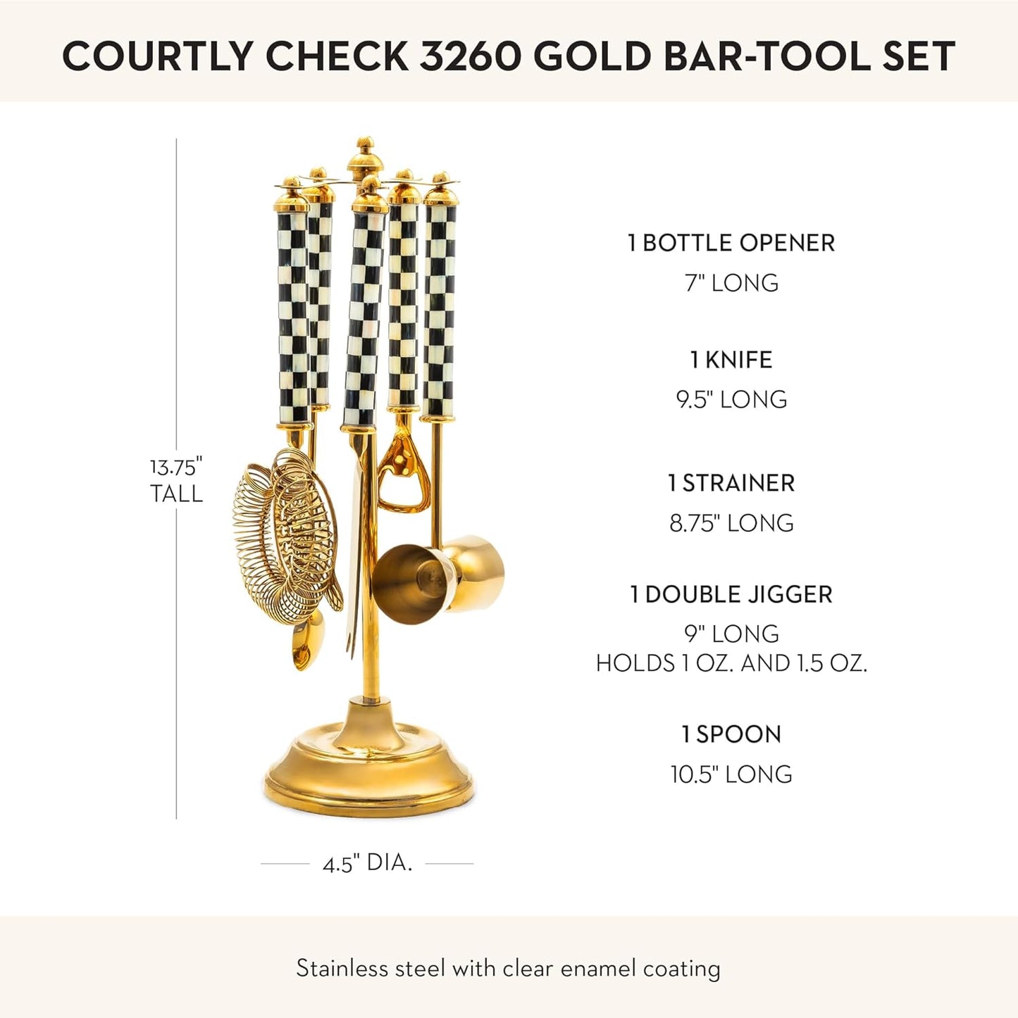 MACKENZIE-CHILDS 3260 Bar-Tool Set, 5-Piece Set with Stainless-Steel Jigger, Strainer, Bottle Opener, Mixing Spoon, Knife, and Stand, Black-and-White Courtly Check Gold