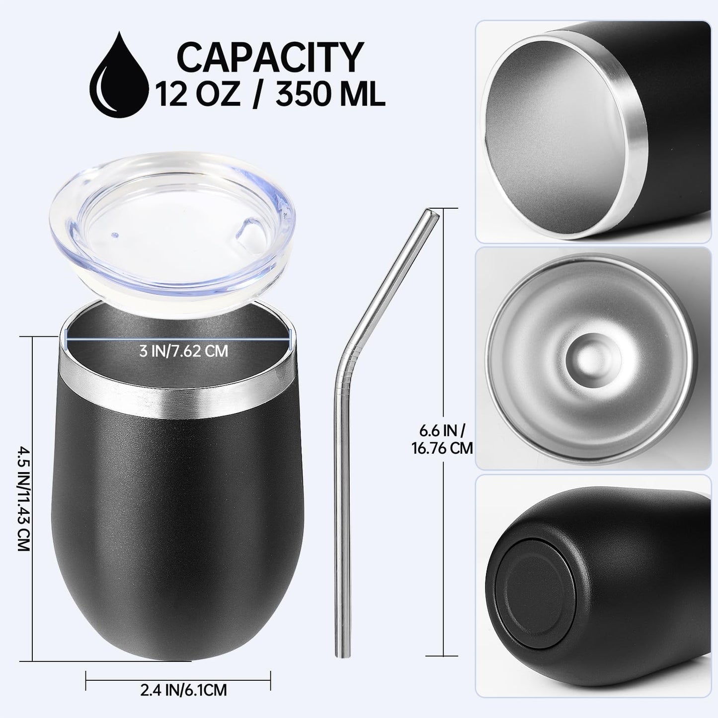 Volhoply 12oz Stainless Steel Wine Tumbler with Lid and Straw,Double Wall Vacuum Insulated Stemless Wine Glasses,Reusable Travel Coffee Mug for Cold Drinks,Small Tumblers Gifts for Women(White,1 Set)