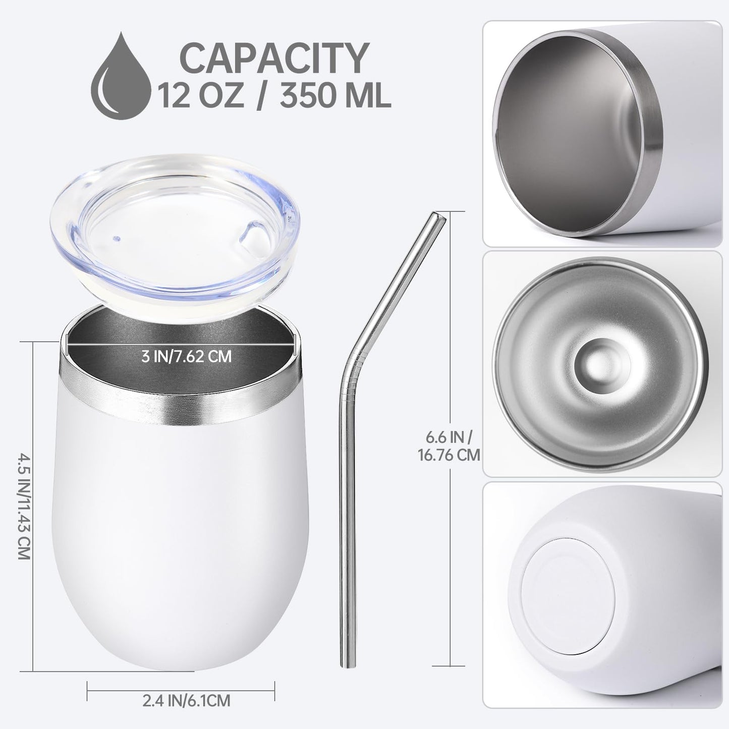 Volhoply 12oz Stainless Steel Wine Tumbler with Lid and Straw,Double Wall Vacuum Insulated Stemless Wine Glasses,Reusable Travel Coffee Mug for Cold Drinks,Small Tumblers Gifts for Women(White,1 Set)