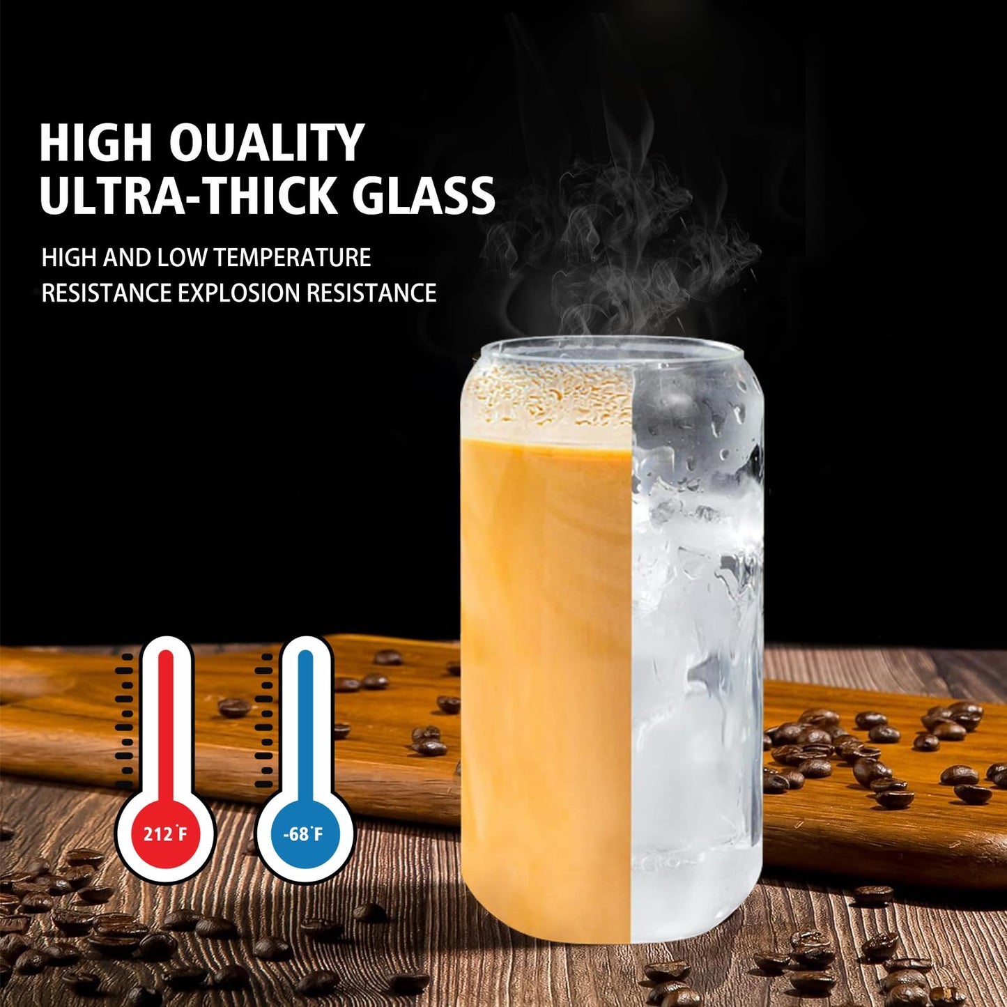 Glass Cups with Lids and Straws 1Pack,Glass Coffee Cups,Glass Cup with Lid for Iced Coffee,Smoothie,Cocktail,Beer,Whiskey,Soda,Matcha,16 Oz Glass Cup with Bamboo Lid,1 Brush