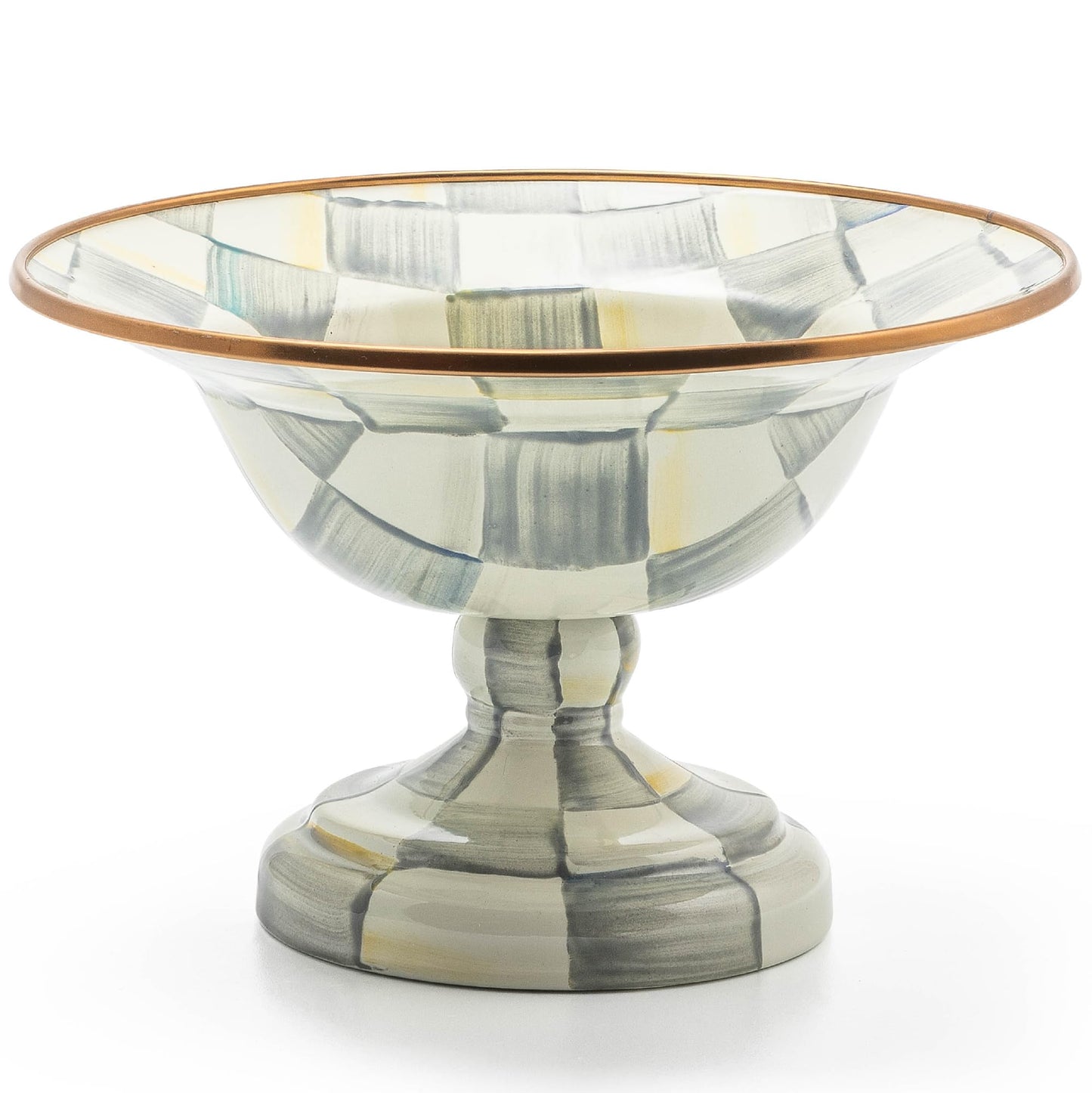MACKENZIE-CHILDS Enamel Compote, Cute Enamel Pedestal Serving Dish or Decorative Bowl, Large, Brown-and-White Mocha Check