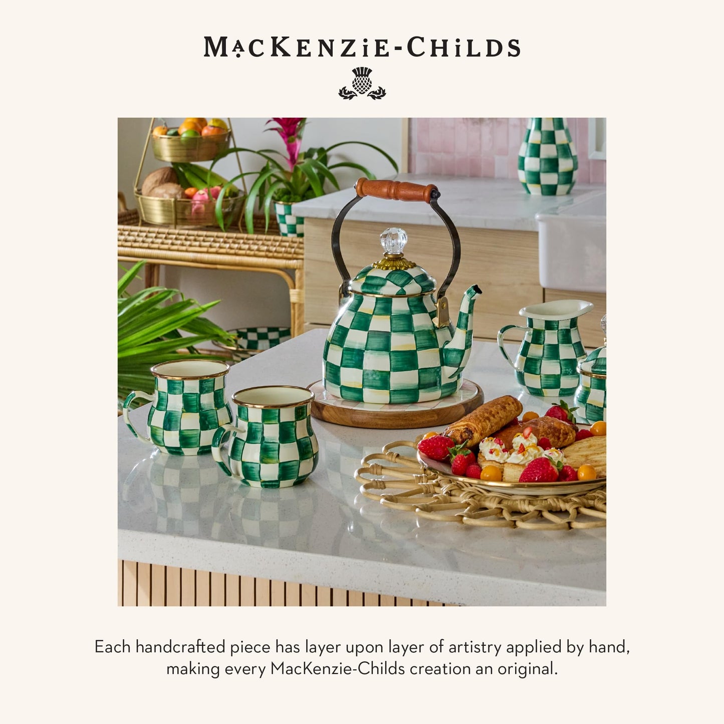 MACKENZIE-CHILDS Enamel Compote, Cute Enamel Pedestal Serving Dish or Decorative Bowl, Large, Brown-and-White Mocha Check