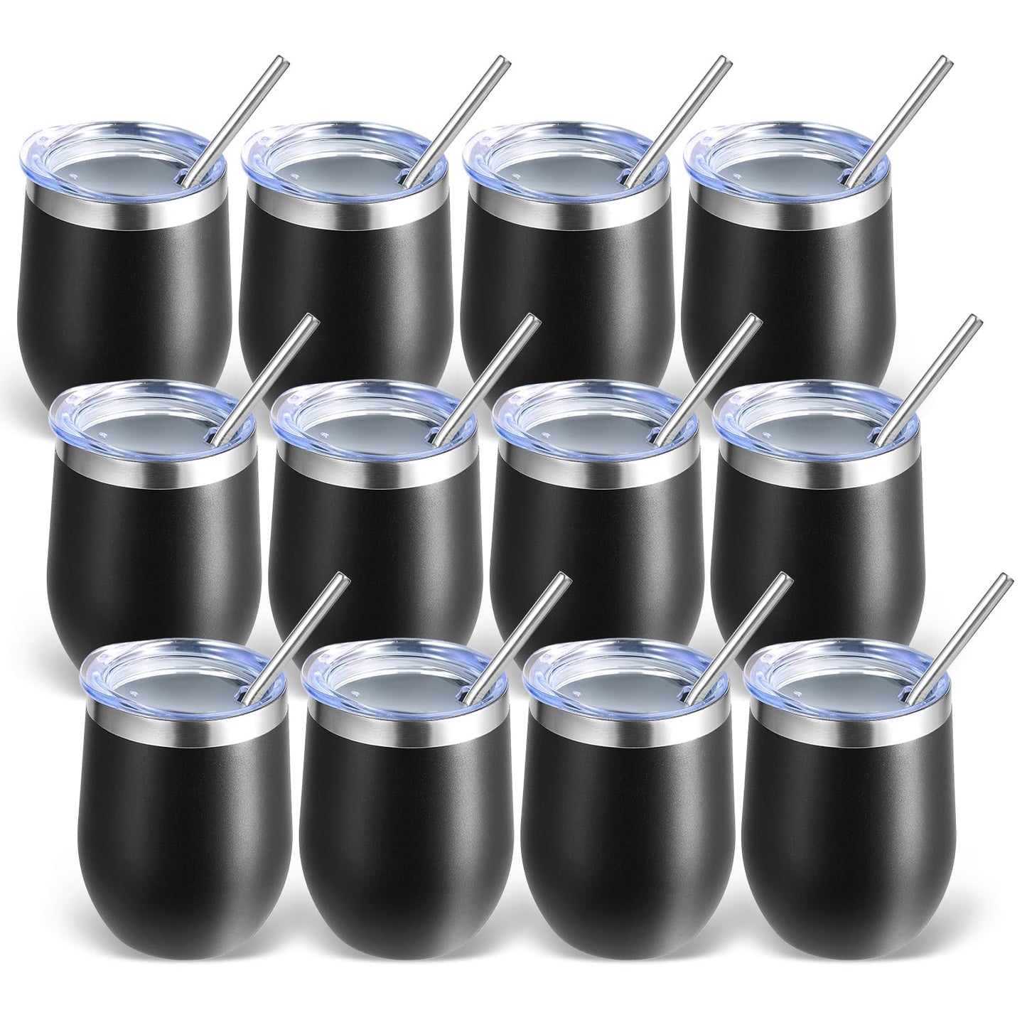 Volhoply 12oz Stainless Steel Wine Tumbler with Lid and Straw,Double Wall Vacuum Insulated Stemless Wine Glasses,Reusable Travel Coffee Mug for Cold Drinks,Small Tumblers Gifts for Women(White,1 Set)
