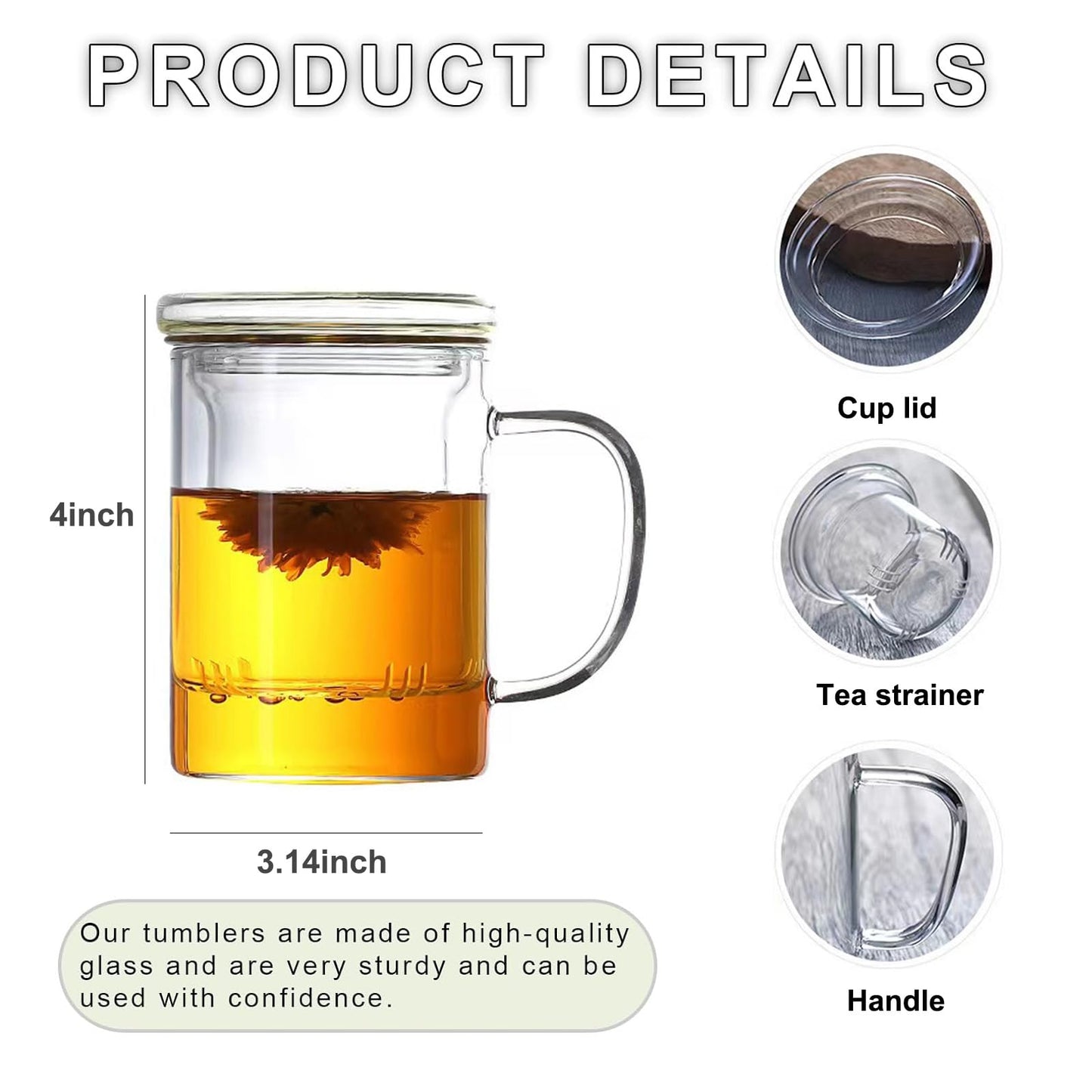 14oz Tea cup with steeper and lid, heat-resistant borosilicate glass clear tea cup for loose leaf tea, blooming tea and tea bags - ideal for tea lovers (1PCS)