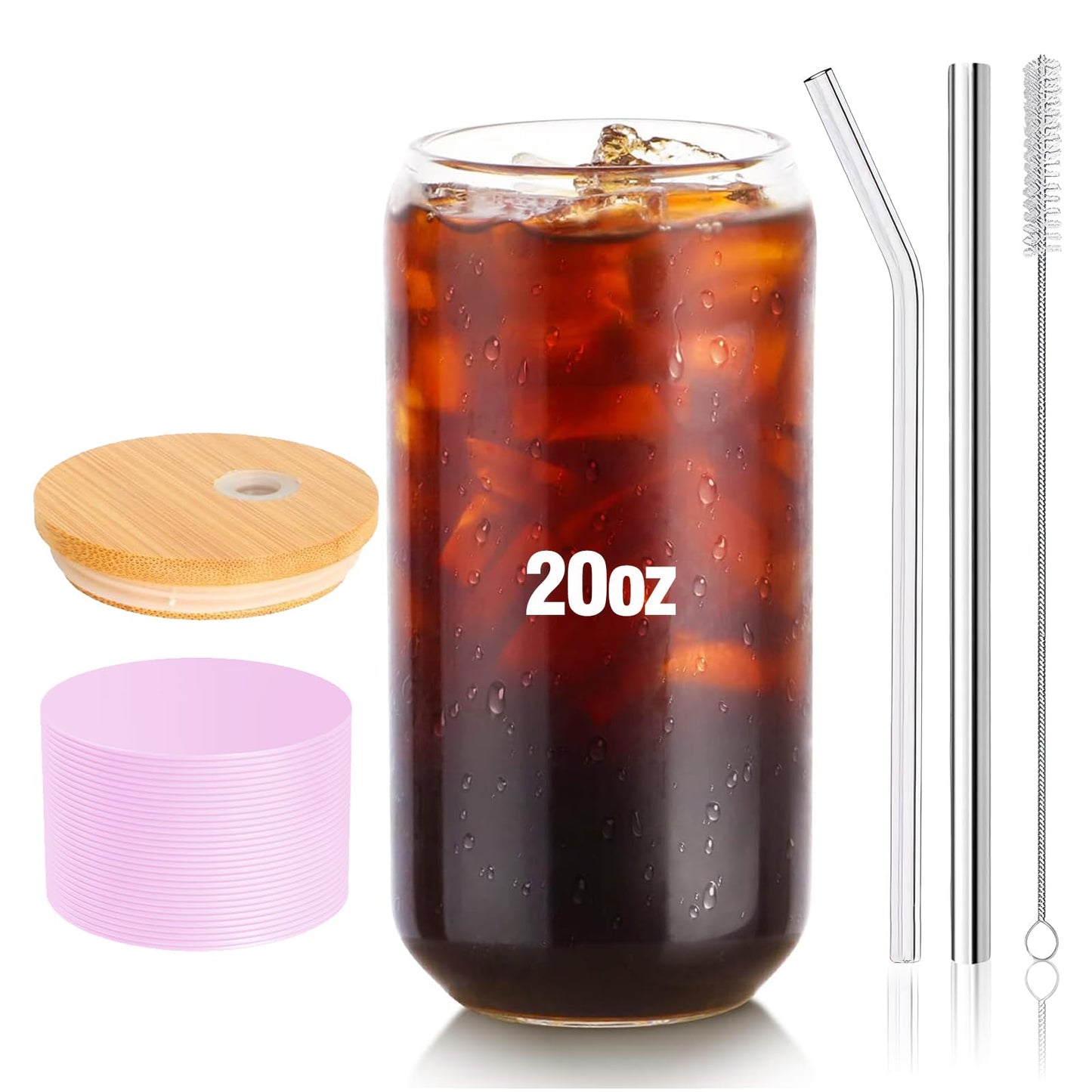 Glass Cups with Lids and Straws 1Pack,Glass Coffee Cups,Glass Cup with Lid for Iced Coffee,Smoothie,Cocktail,Beer,Whiskey,Soda,Matcha,16 Oz Glass Cup with Bamboo Lid,1 Brush