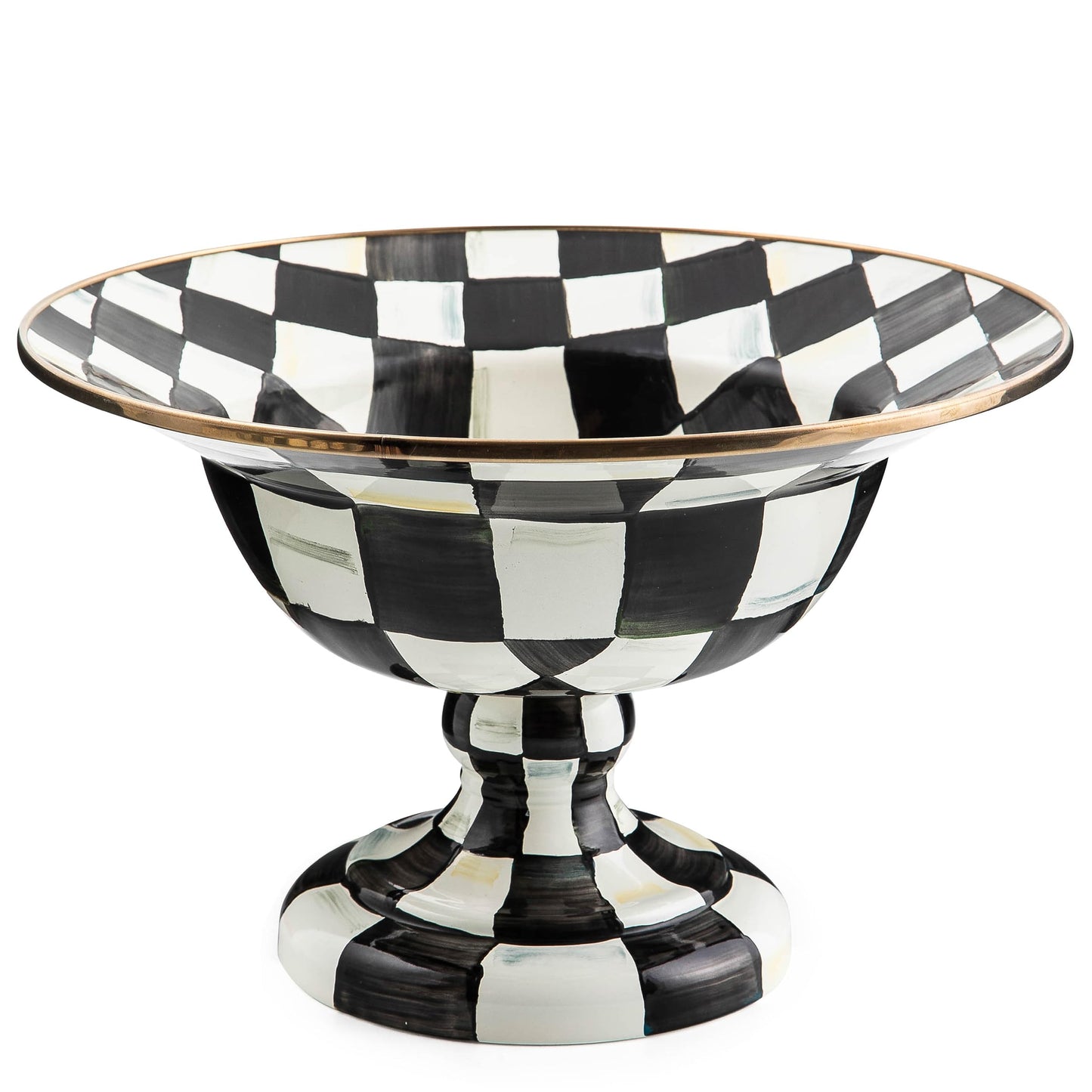 MACKENZIE-CHILDS Enamel Compote, Cute Enamel Pedestal Serving Dish or Decorative Bowl, Large, Brown-and-White Mocha Check
