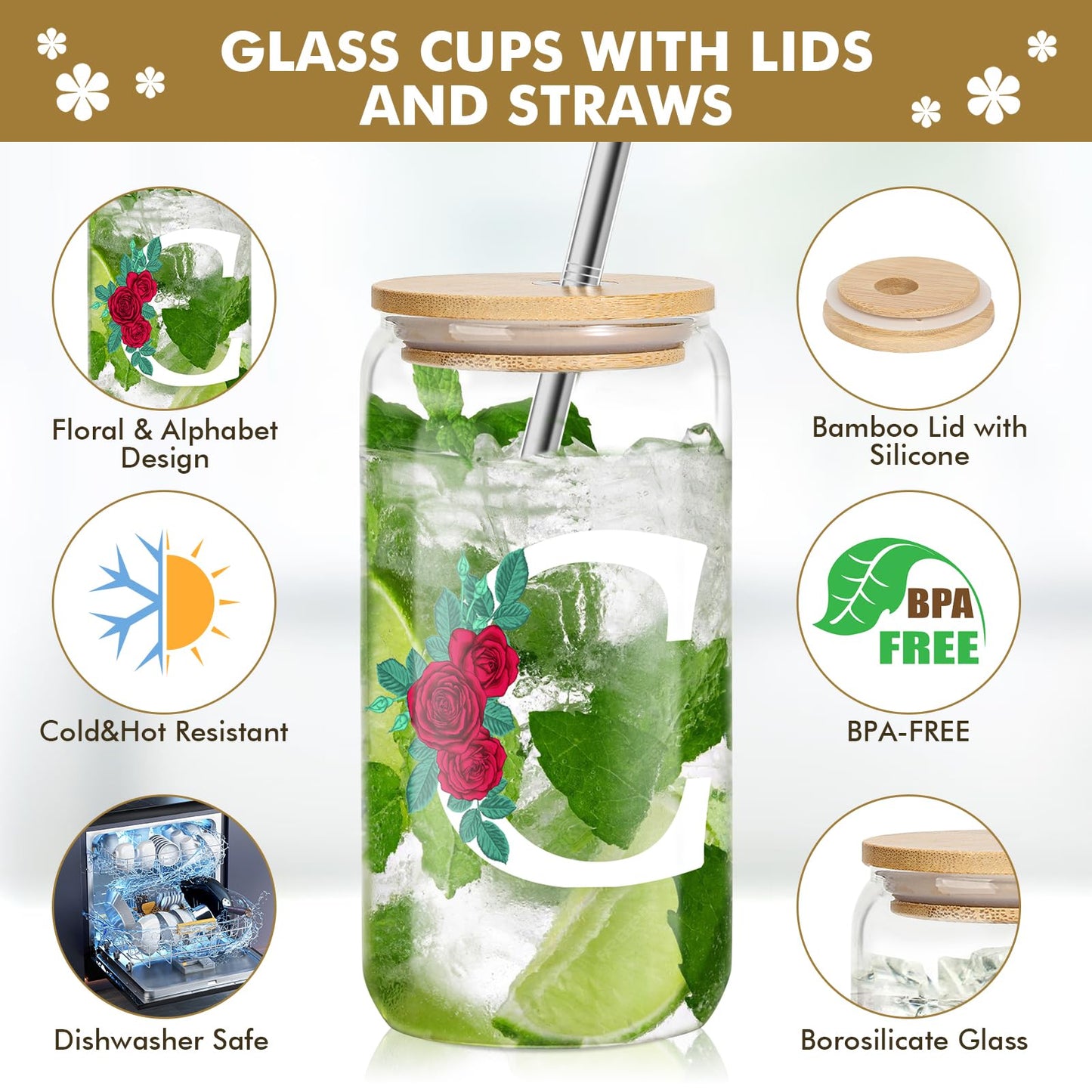 Initial Glass Cup, Birthday Gifts for Women, Color Changing 16 oz Glass Cups w/Lids Straws, Iced Coffee, Smoothie, Beer Glass Tumbler - Personalized Gifts Monogrammed Gifts for Her Mom, K