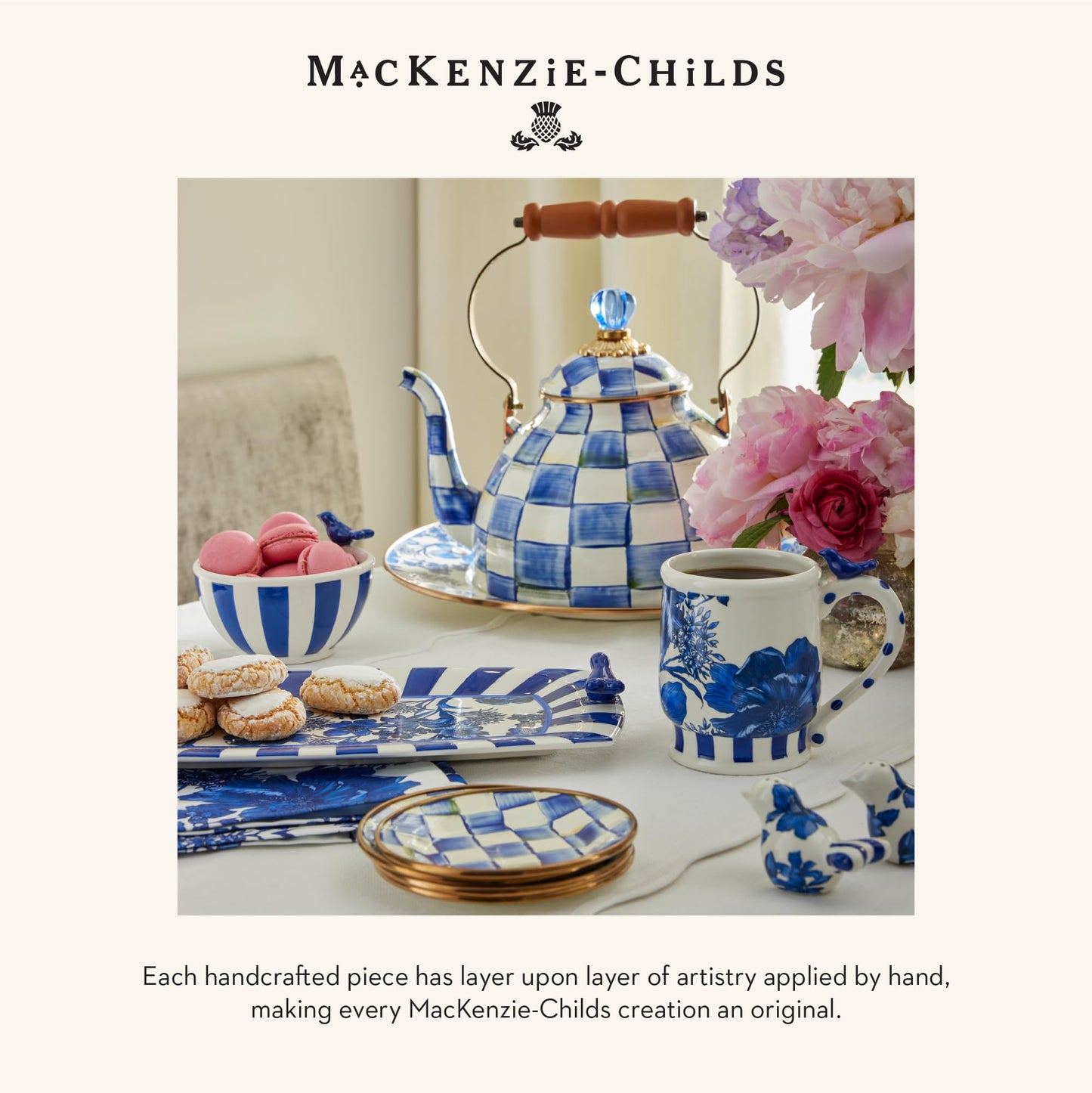 MACKENZIE-CHILDS Enamel Compote, Cute Enamel Pedestal Serving Dish or Decorative Bowl, Large, Brown-and-White Mocha Check