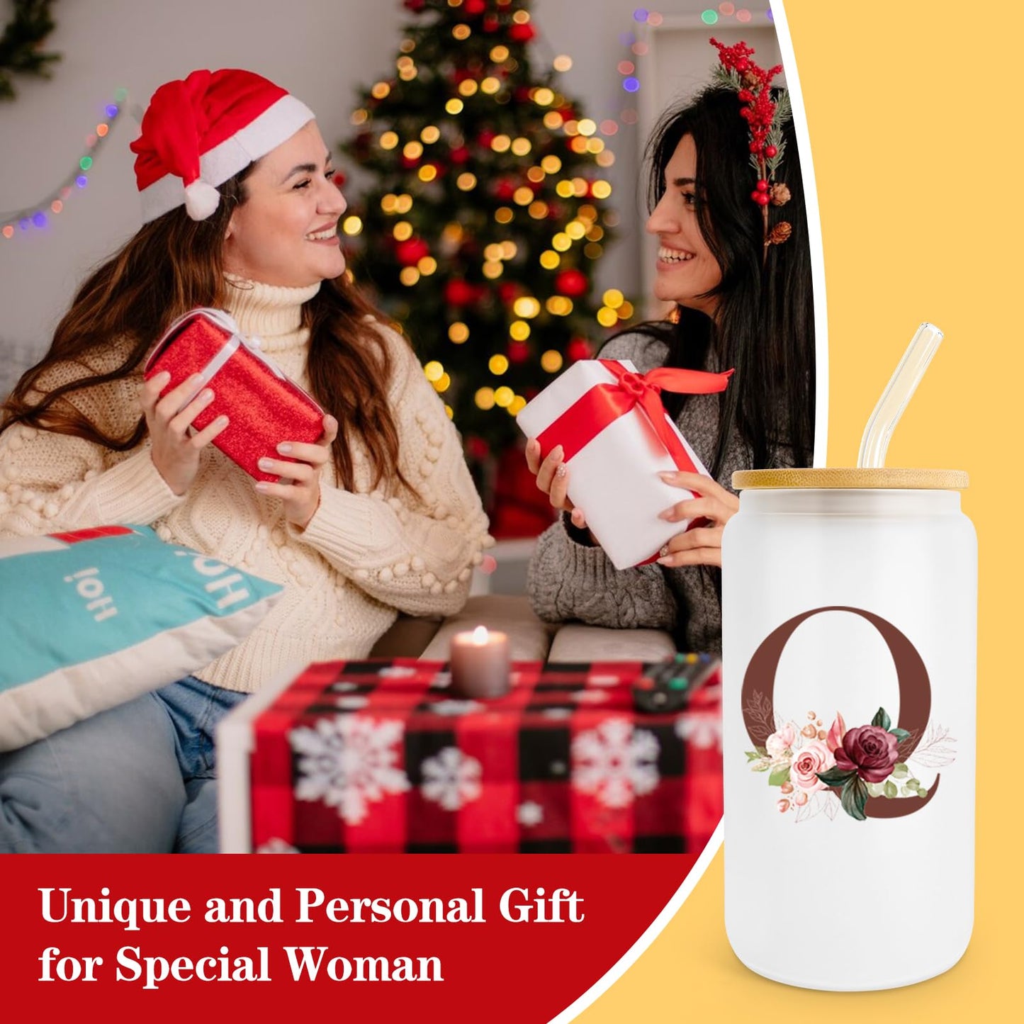 Birthday Gifts for Women, Personalized Gifts for Women, Monogrammed Initial Glass Cup - 16oz Glass Cups with Lids and Straws, Iced Coffee Cup, Beer Can Shaped Glass - Personalized Christmas Gifts J