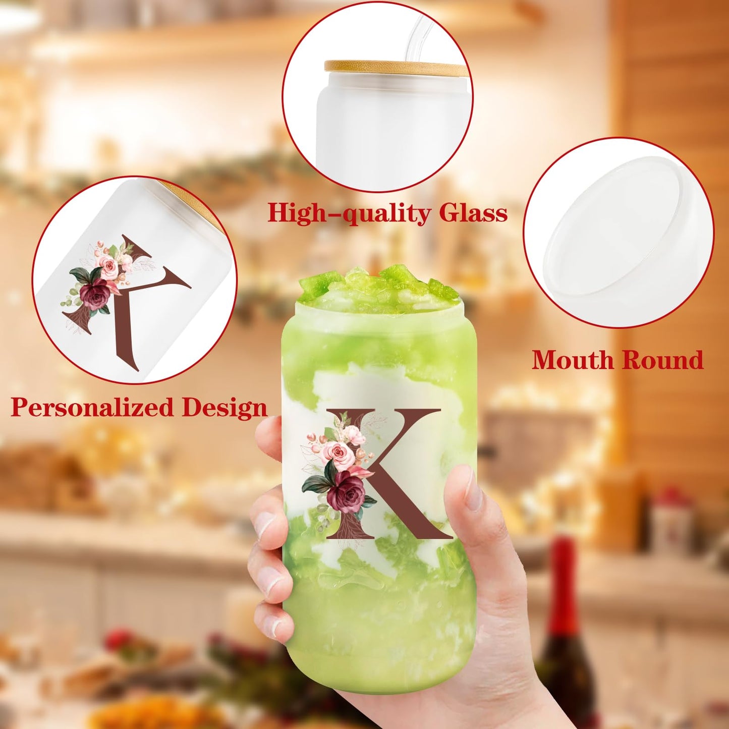 Birthday Gifts for Women, Personalized Gifts for Women, Monogrammed Initial Glass Cup - 16oz Glass Cups with Lids and Straws, Iced Coffee Cup, Beer Can Shaped Glass - Personalized Christmas Gifts J