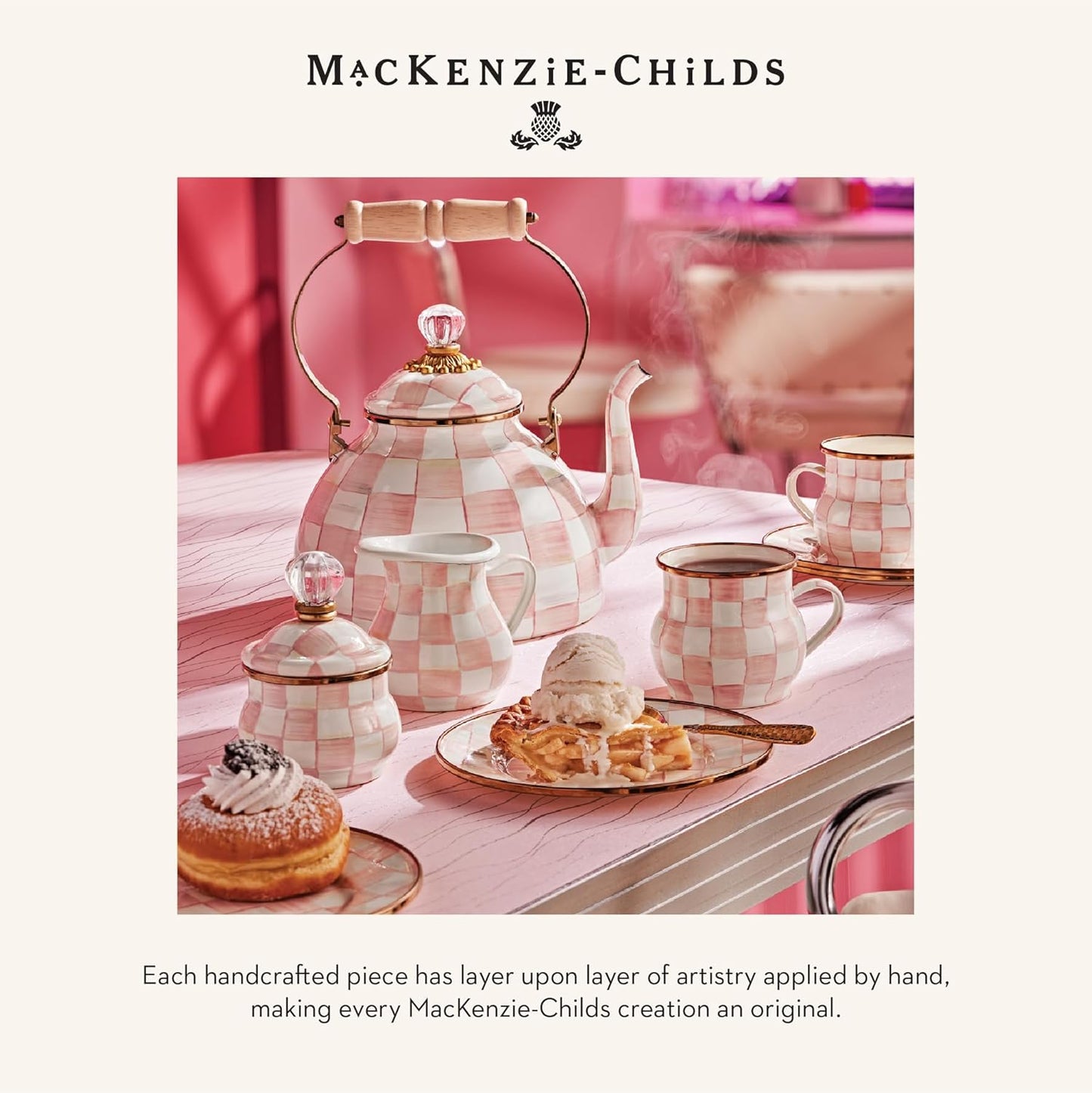 MACKENZIE-CHILDS 3260 Bar-Tool Set, 5-Piece Set with Stainless-Steel Jigger, Strainer, Bottle Opener, Mixing Spoon, Knife, and Stand, Pink-and-White Rosy Check