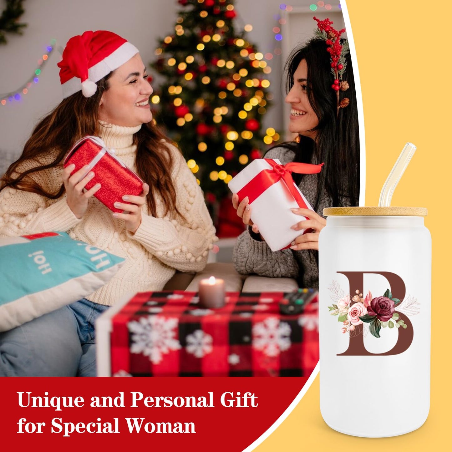 Birthday Gifts for Women, Personalized Gifts for Women, Monogrammed Initial Glass Cup - 16oz Glass Cups with Lids and Straws, Iced Coffee Cup, Beer Can Shaped Glass - Personalized Christmas Gifts J