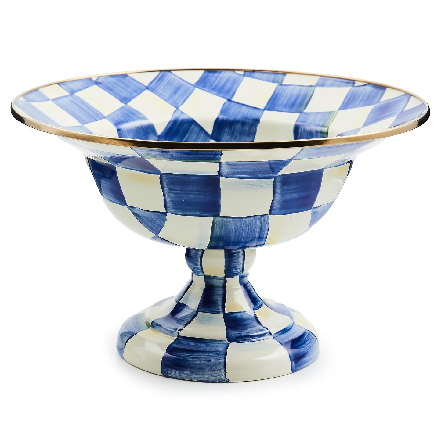 MACKENZIE-CHILDS Enamel Compote, Cute Enamel Pedestal Serving Dish or Decorative Bowl, Large, Brown-and-White Mocha Check
