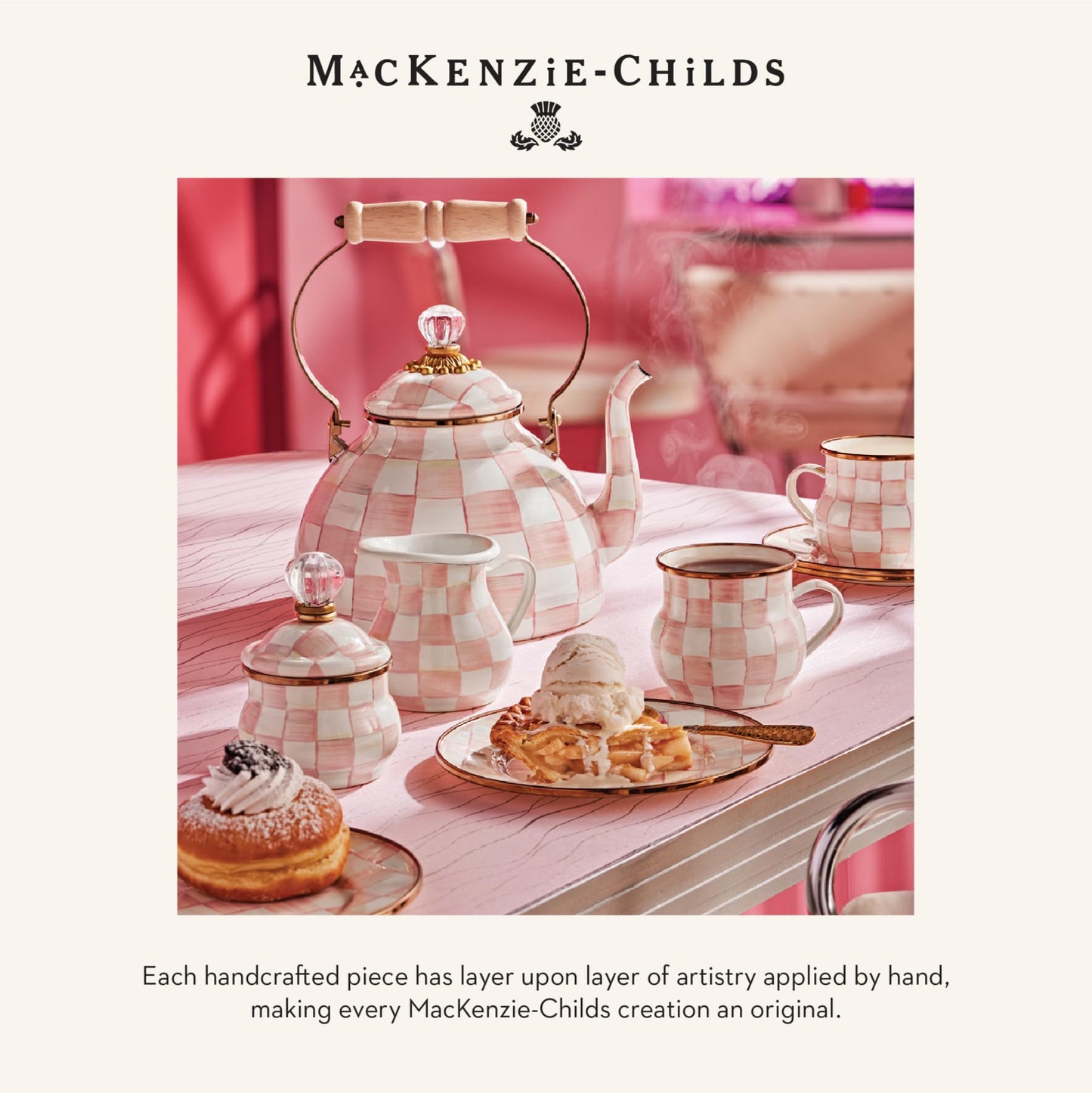 MACKENZIE-CHILDS Enamel Compote, Cute Enamel Pedestal Serving Dish or Decorative Bowl, Large, Brown-and-White Mocha Check