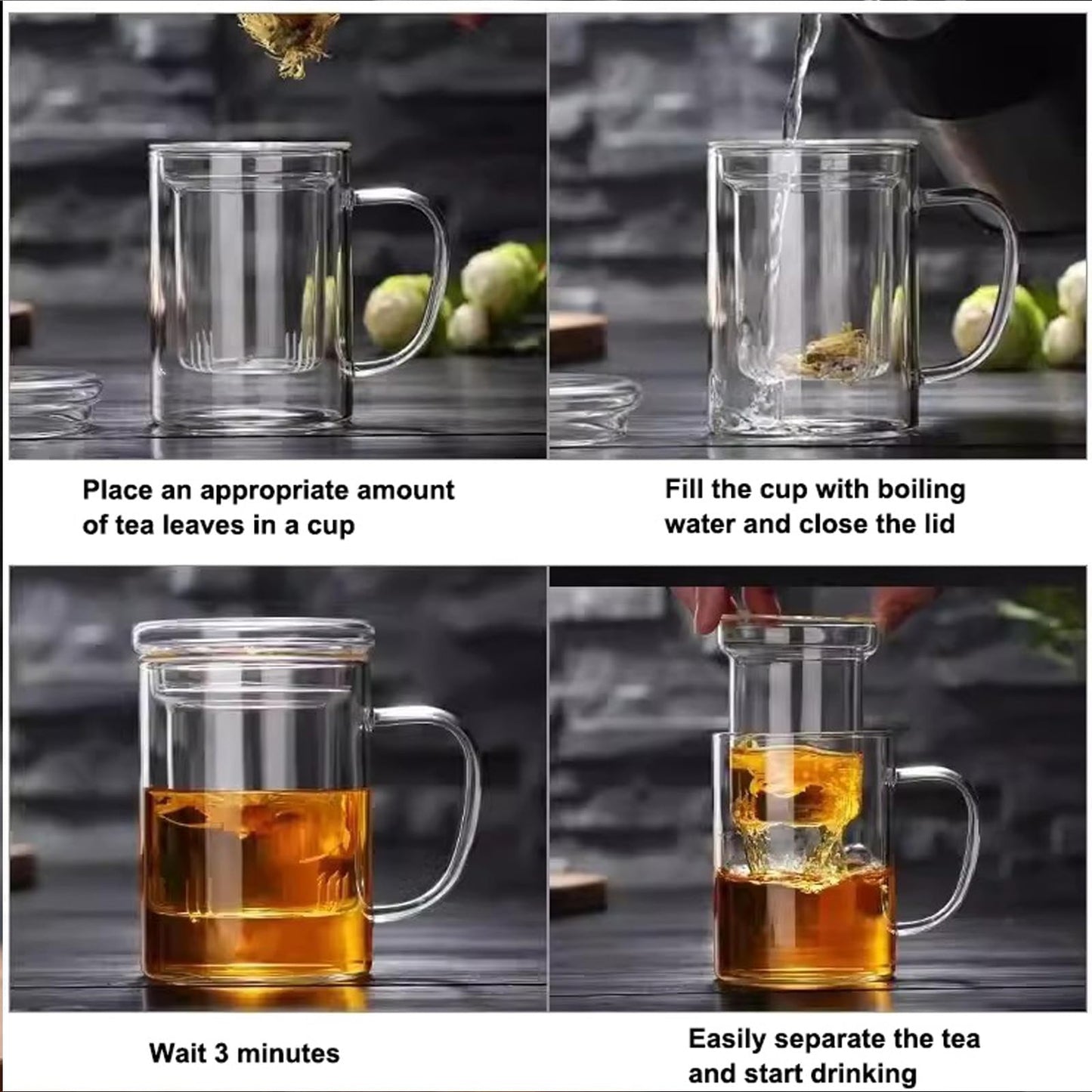 14oz Tea cup with steeper and lid, heat-resistant borosilicate glass clear tea cup for loose leaf tea, blooming tea and tea bags - ideal for tea lovers (1PCS)