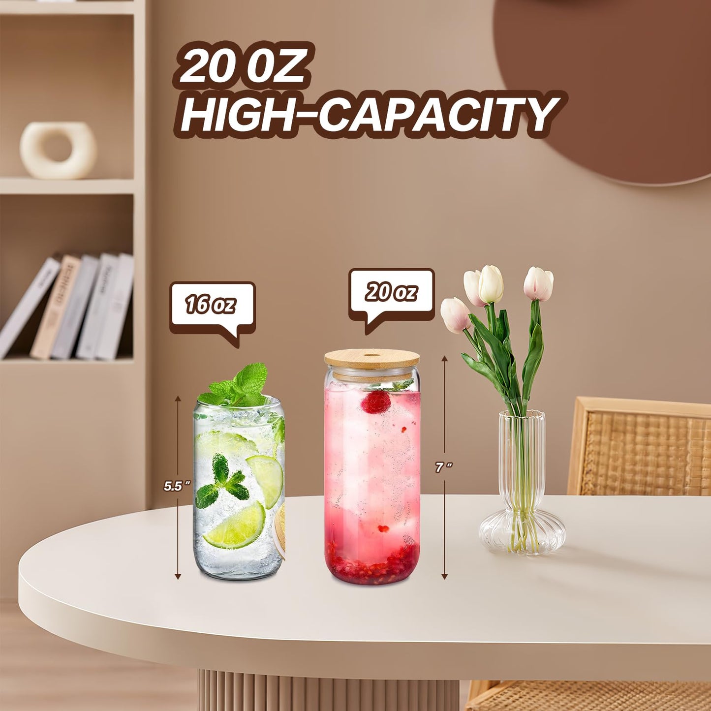 Glass Cups with Lids and Straws 1Pack,Glass Coffee Cups,Glass Cup with Lid for Iced Coffee,Smoothie,Cocktail,Beer,Whiskey,Soda,Matcha,16 Oz Glass Cup with Bamboo Lid,1 Brush