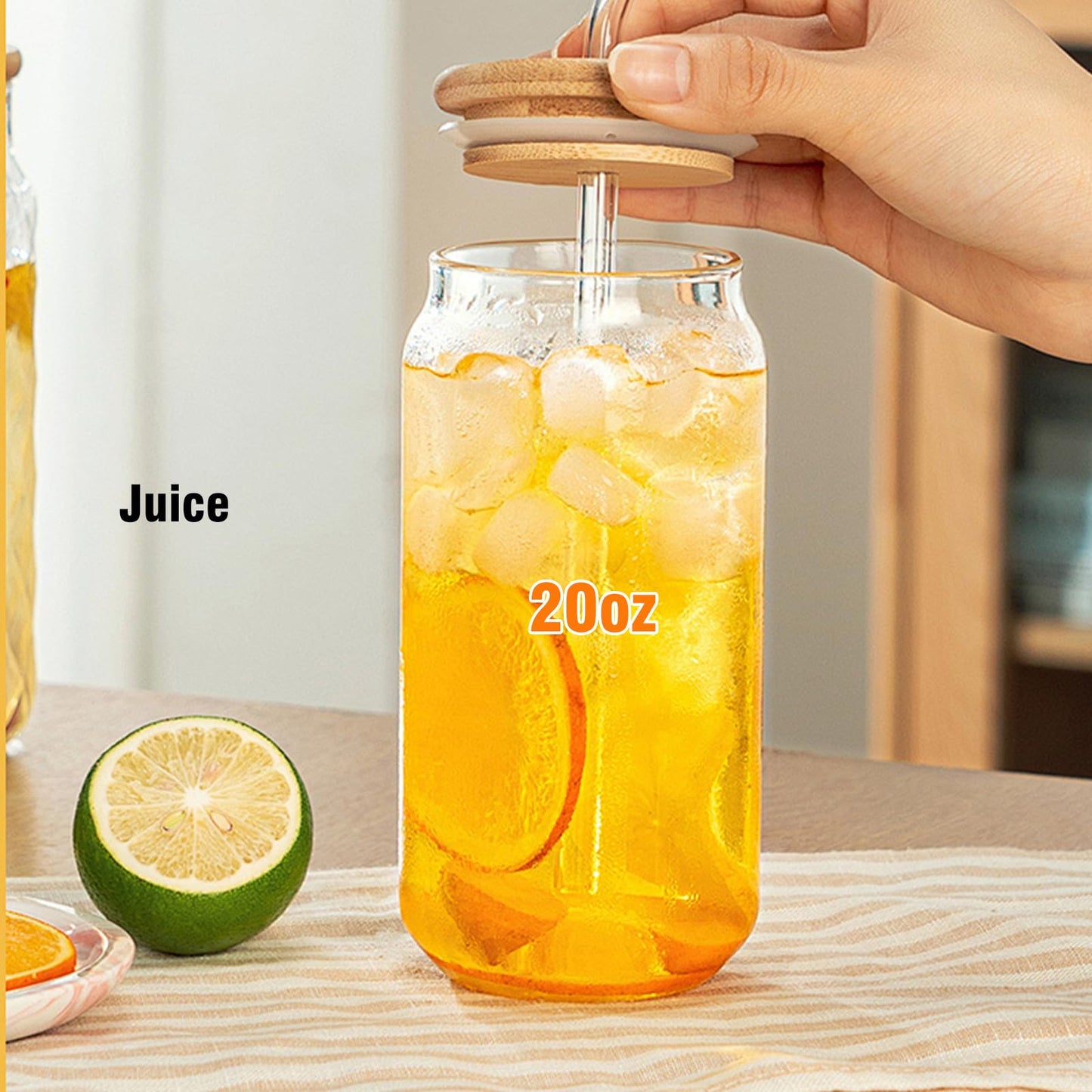 Glass Cups with Lids and Straws 1Pack,Glass Coffee Cups,Glass Cup with Lid for Iced Coffee,Smoothie,Cocktail,Beer,Whiskey,Soda,Matcha,16 Oz Glass Cup with Bamboo Lid,1 Brush