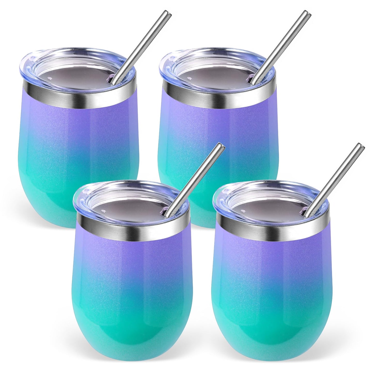 Volhoply 12oz Stainless Steel Wine Tumbler with Lid and Straw,Double Wall Vacuum Insulated Stemless Wine Glasses,Reusable Travel Coffee Mug for Cold Drinks,Small Tumblers Gifts for Women(White,1 Set)