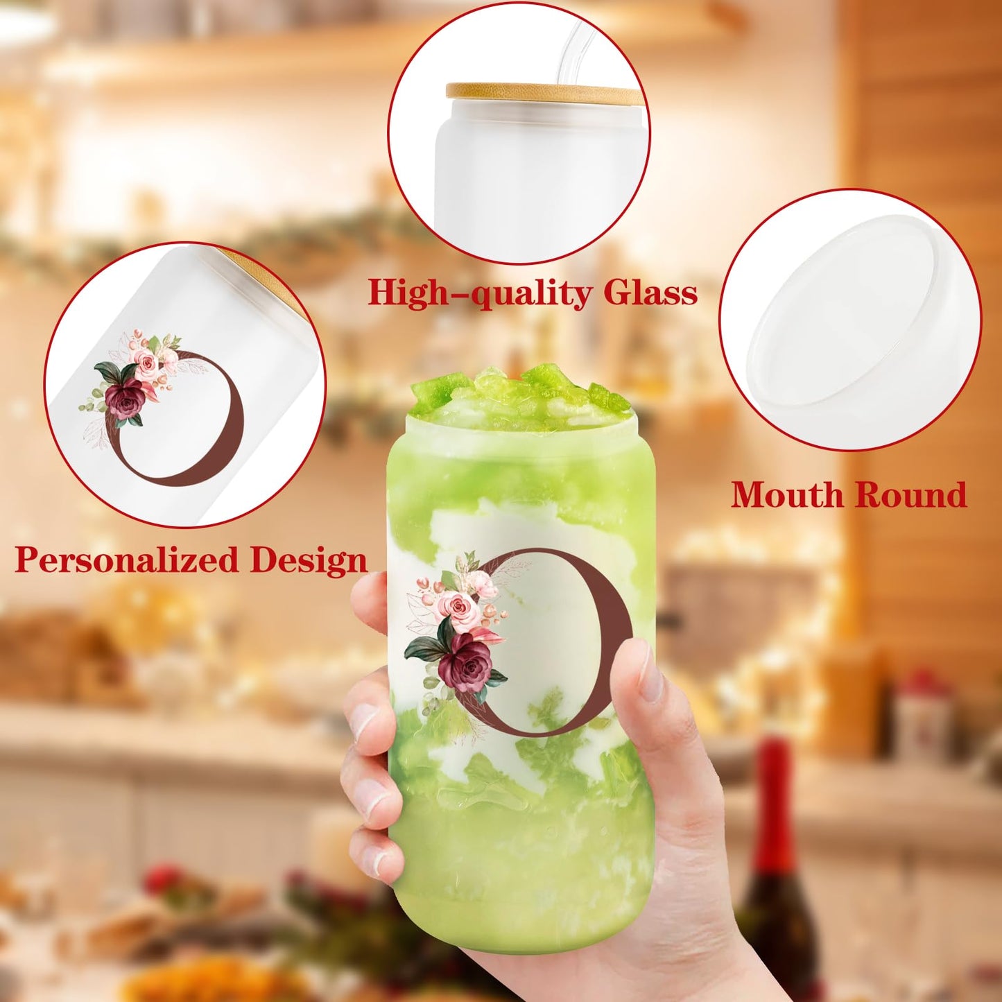 Birthday Gifts for Women, Personalized Gifts for Women, Monogrammed Initial Glass Cup - 16oz Glass Cups with Lids and Straws, Iced Coffee Cup, Beer Can Shaped Glass - Personalized Christmas Gifts J