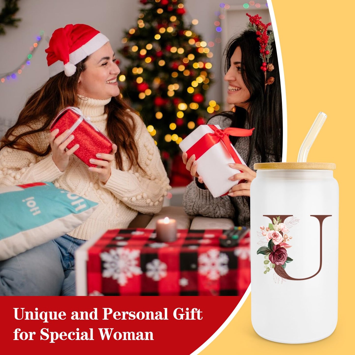 Birthday Gifts for Women, Personalized Gifts for Women, Monogrammed Initial Glass Cup - 16oz Glass Cups with Lids and Straws, Iced Coffee Cup, Beer Can Shaped Glass - Personalized Christmas Gifts J