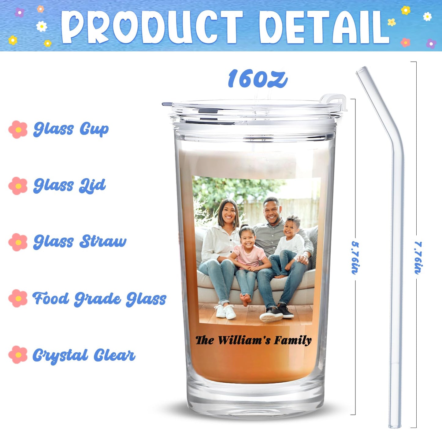 Personalized Glass Cup with Names Custom Water Tumbler Customized Coffee Drink Cup with Lid and Straw Customizable Birthdays Holidays Gifts for Kids Girls Boys 16OZ
