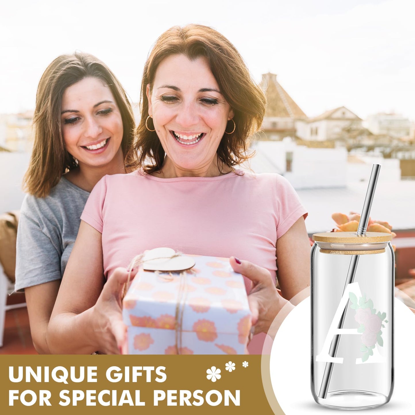 Initial Glass Cup, Birthday Gifts for Women, Color Changing 16 oz Glass Cups w/Lids Straws, Iced Coffee, Smoothie, Beer Glass Tumbler - Personalized Gifts Monogrammed Gifts for Her Mom, K