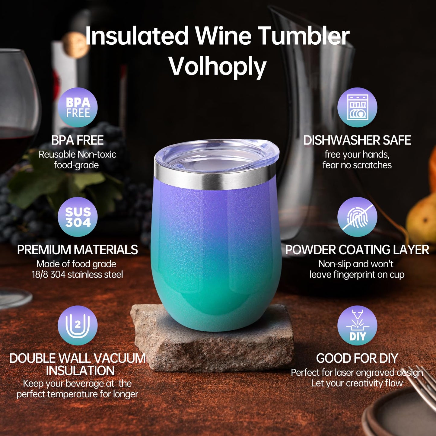 Volhoply 12oz Stainless Steel Wine Tumbler with Lid and Straw,Double Wall Vacuum Insulated Stemless Wine Glasses,Reusable Travel Coffee Mug for Cold Drinks,Small Tumblers Gifts for Women(White,1 Set)
