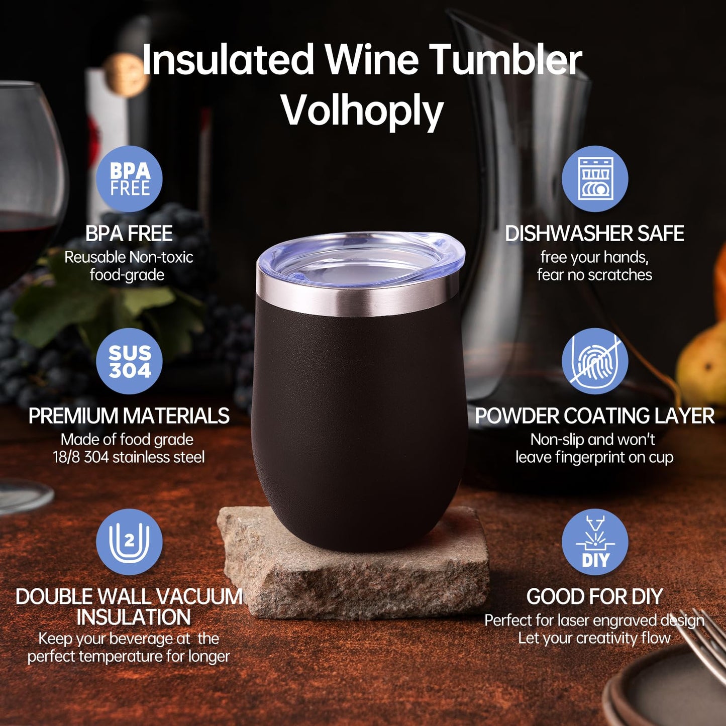 Volhoply 12oz Stainless Steel Wine Tumbler with Lid and Straw,Double Wall Vacuum Insulated Stemless Wine Glasses,Reusable Travel Coffee Mug for Cold Drinks,Small Tumblers Gifts for Women(White,1 Set)