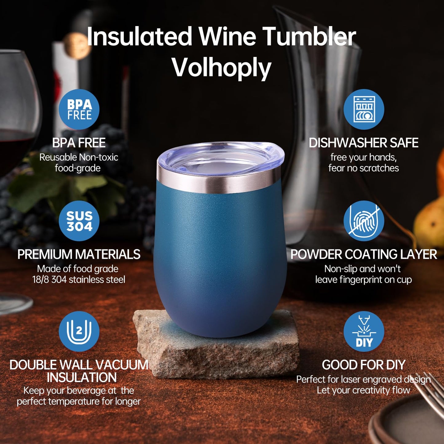 Volhoply 12oz Stainless Steel Wine Tumbler with Lid and Straw,Double Wall Vacuum Insulated Stemless Wine Glasses,Reusable Travel Coffee Mug for Cold Drinks,Small Tumblers Gifts for Women(White,1 Set)
