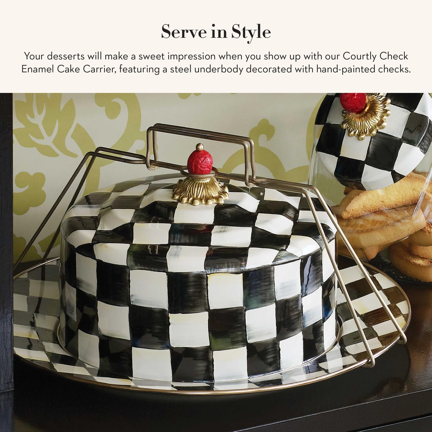 MACKENZIE-CHILDS Cake Carrier, Cake-Dish Serving Platter with Lid and Handles, White Flower Market with Black-and-White Courtly Check
