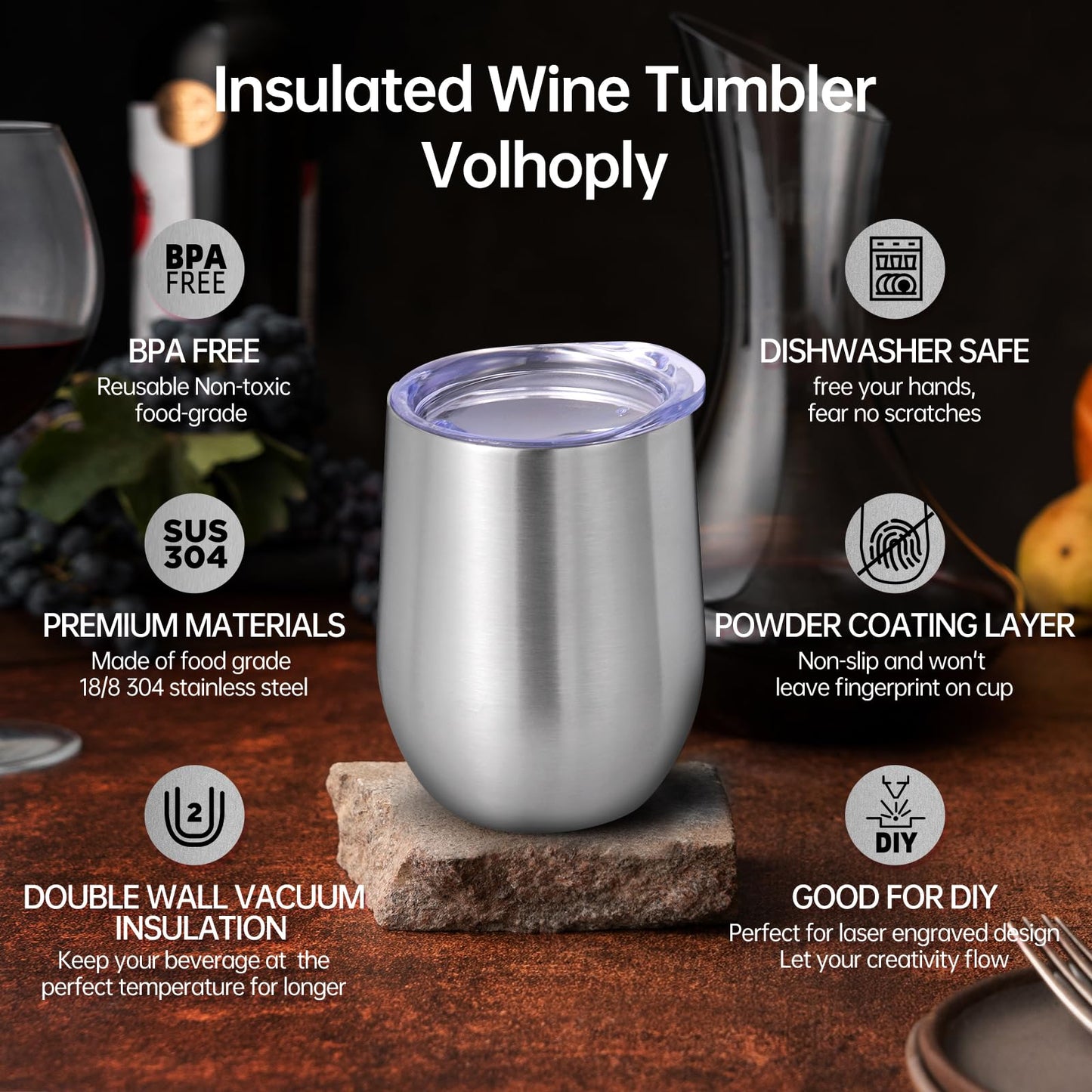 Volhoply 12oz Stainless Steel Wine Tumbler with Lid and Straw,Double Wall Vacuum Insulated Stemless Wine Glasses,Reusable Travel Coffee Mug for Cold Drinks,Small Tumblers Gifts for Women(White,1 Set)