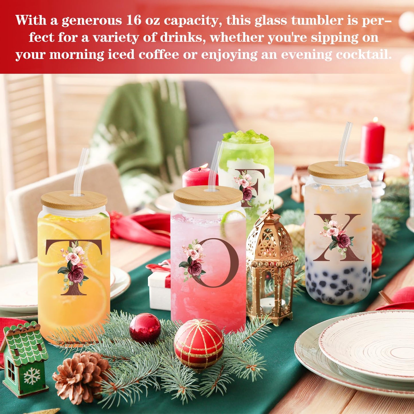 Birthday Gifts for Women, Personalized Gifts for Women, Monogrammed Initial Glass Cup - 16oz Glass Cups with Lids and Straws, Iced Coffee Cup, Beer Can Shaped Glass - Personalized Christmas Gifts J