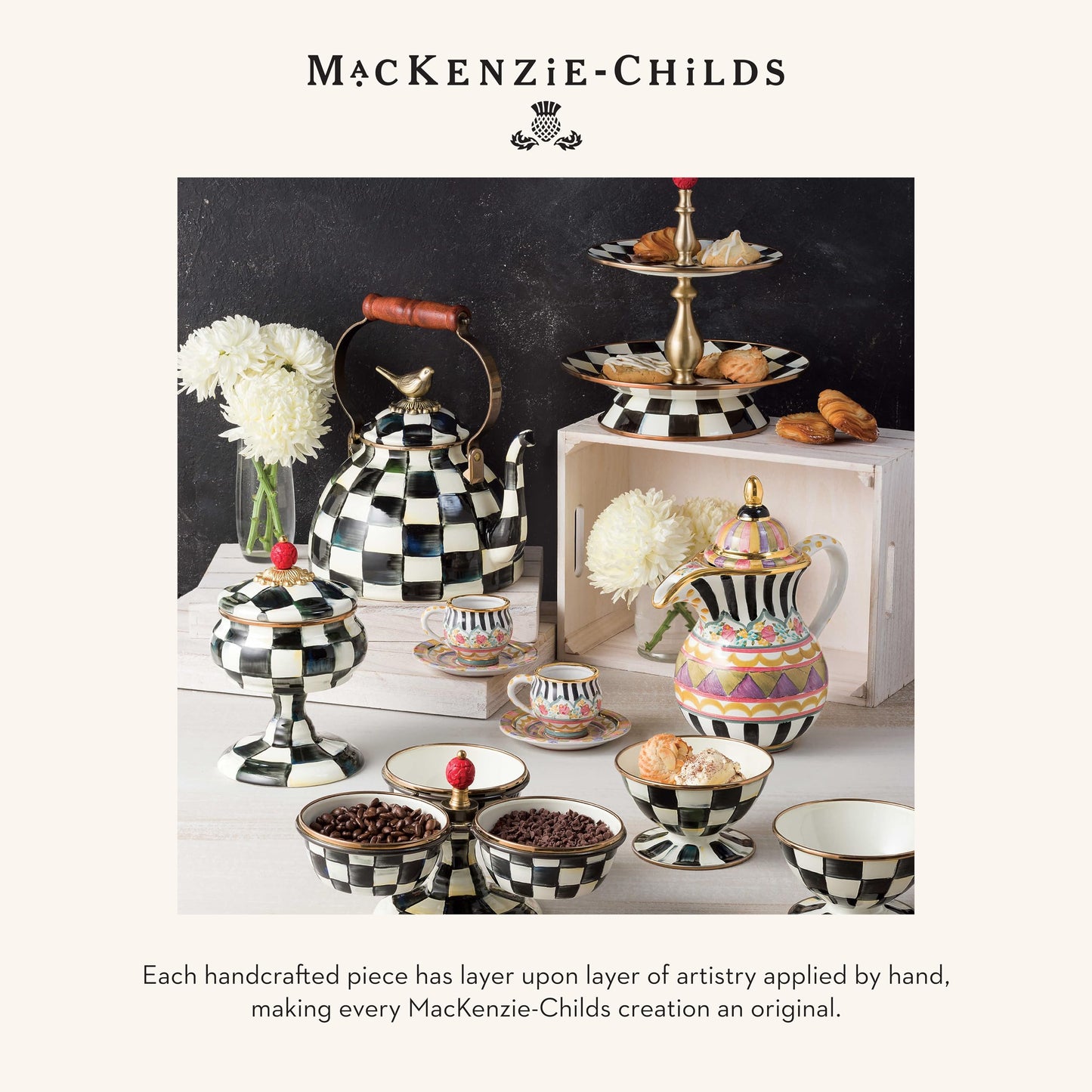 MACKENZIE-CHILDS Enamel Compote, Cute Enamel Pedestal Serving Dish or Decorative Bowl, Large, Brown-and-White Mocha Check