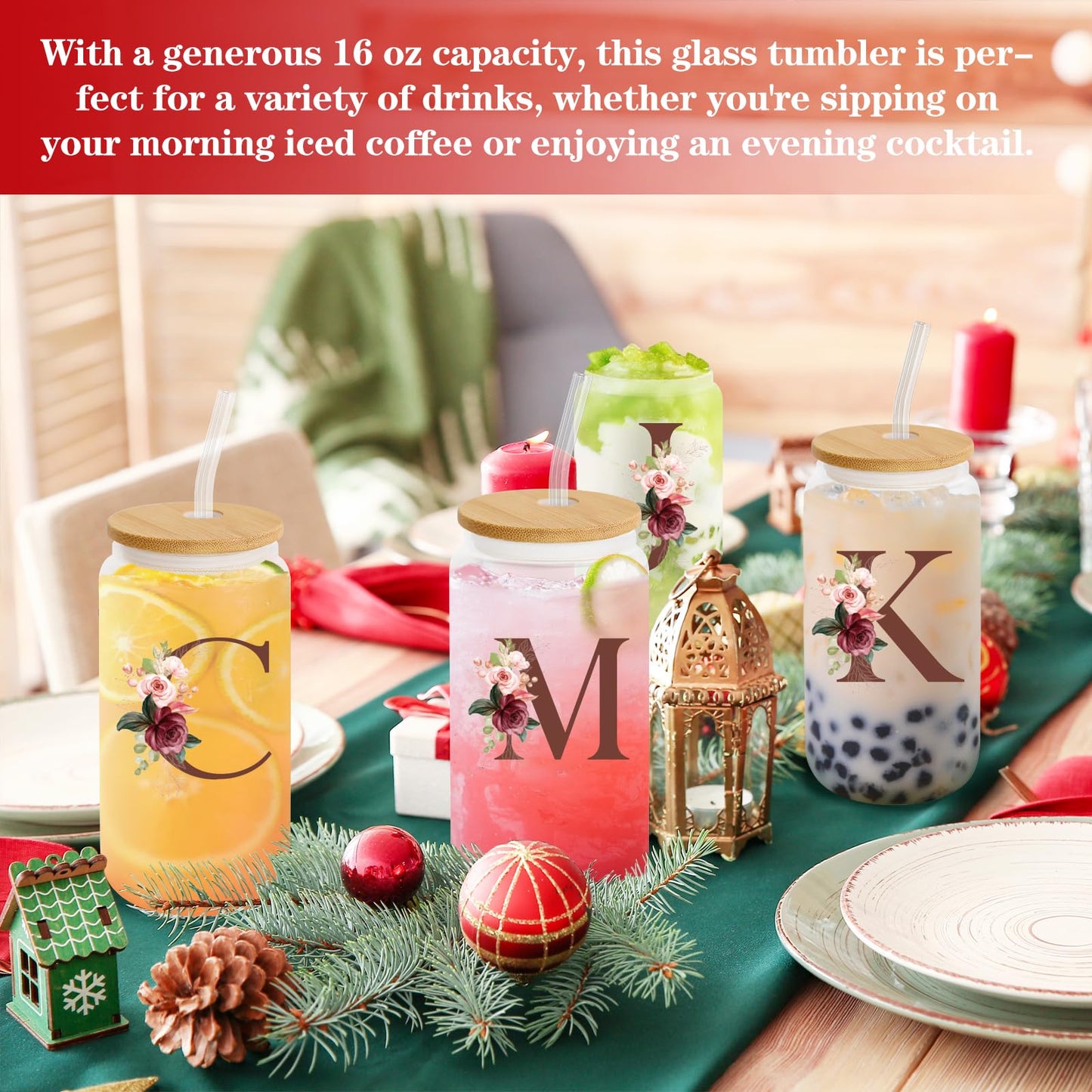 Birthday Gifts for Women, Personalized Gifts for Women, Monogrammed Initial Glass Cup - 16oz Glass Cups with Lids and Straws, Iced Coffee Cup, Beer Can Shaped Glass - Personalized Christmas Gifts J