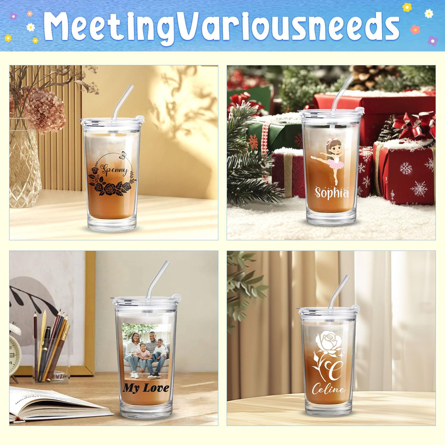 Personalized Glass Cup with Names Custom Water Tumbler Customized Coffee Drink Cup with Lid and Straw Customizable Birthdays Holidays Gifts for Kids Girls Boys 16OZ