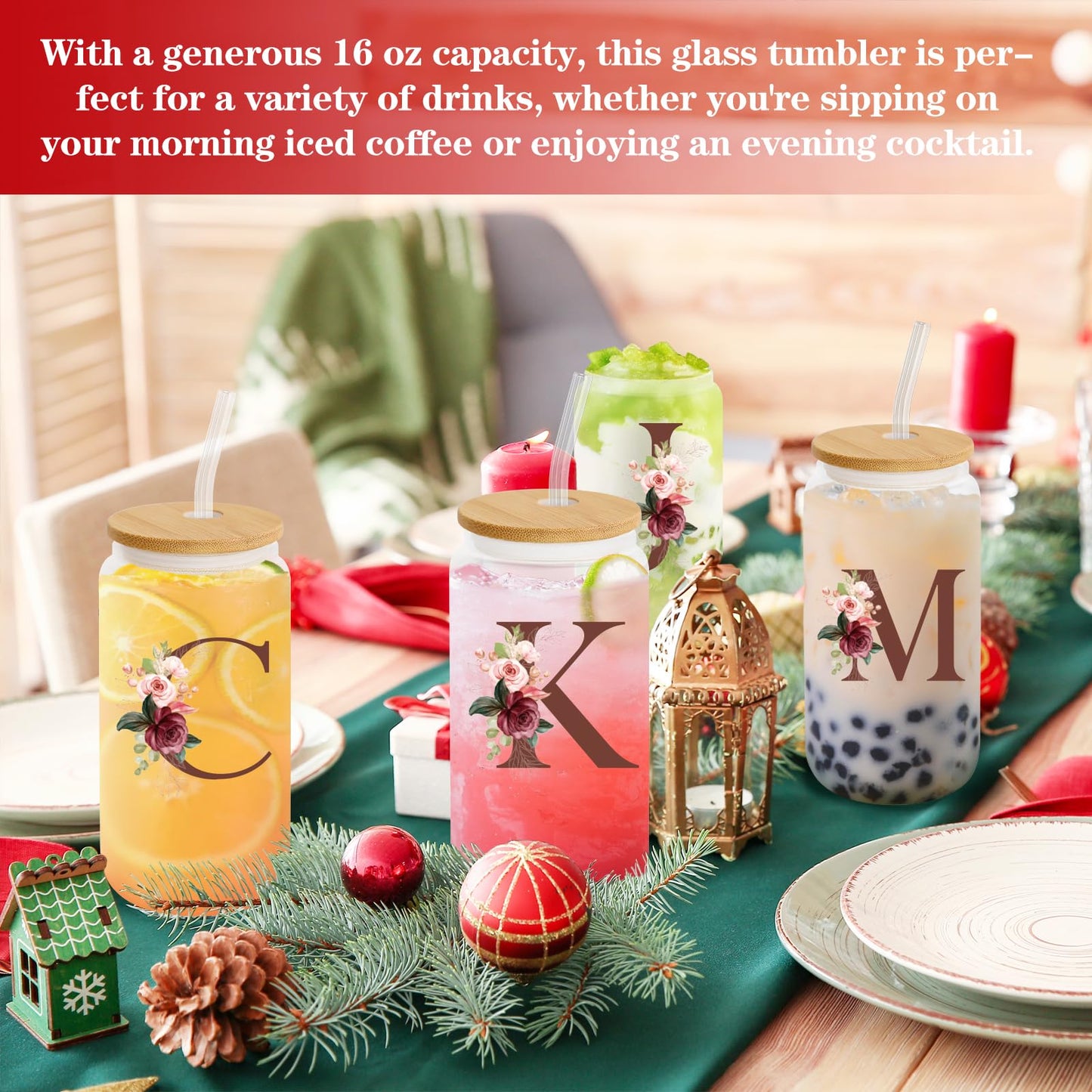 Birthday Gifts for Women, Personalized Gifts for Women, Monogrammed Initial Glass Cup - 16oz Glass Cups with Lids and Straws, Iced Coffee Cup, Beer Can Shaped Glass - Personalized Christmas Gifts J