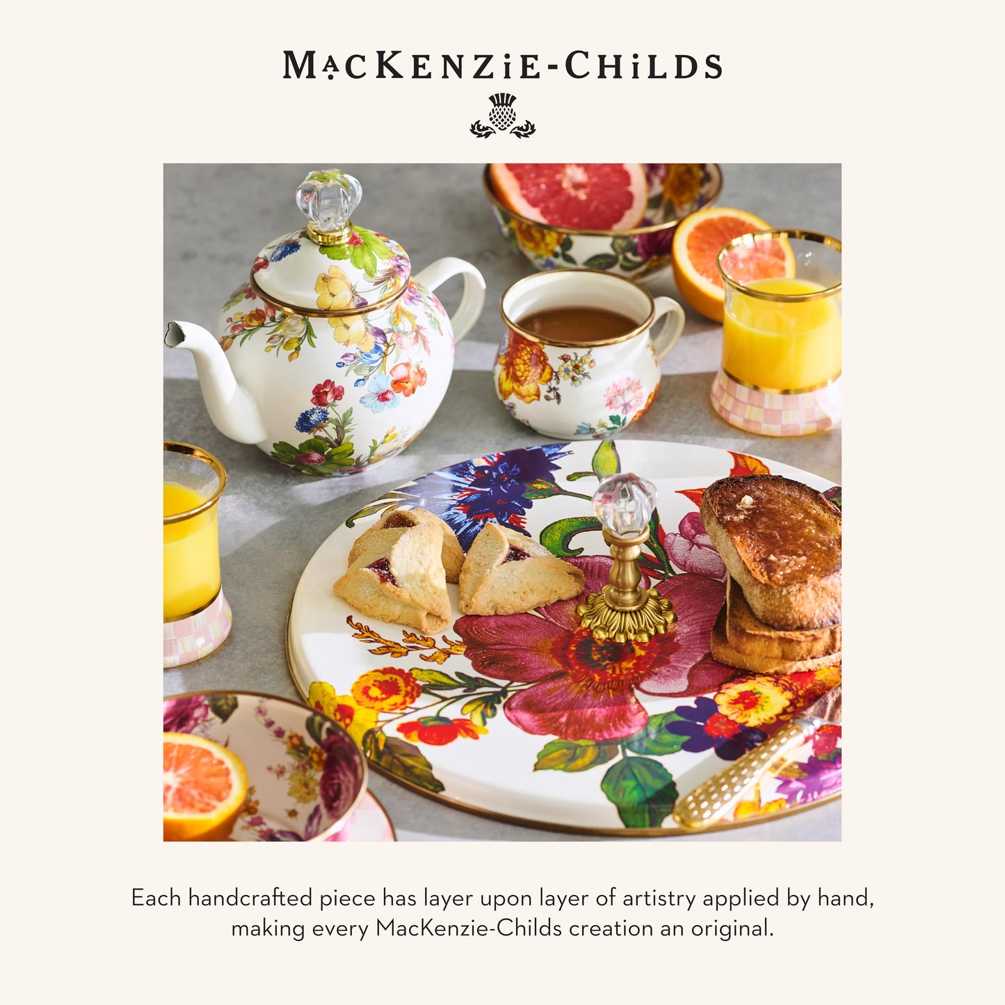 MACKENZIE-CHILDS Cake Carrier, Cake-Dish Serving Platter with Lid and Handles, White Flower Market with Black-and-White Courtly Check