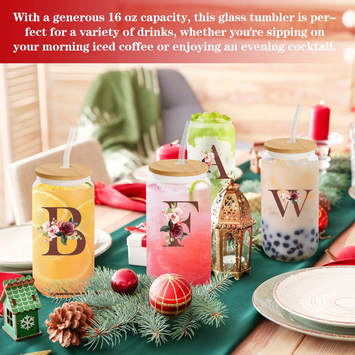 Birthday Gifts for Women, Personalized Gifts for Women, Monogrammed Initial Glass Cup - 16oz Glass Cups with Lids and Straws, Iced Coffee Cup, Beer Can Shaped Glass - Personalized Christmas Gifts J