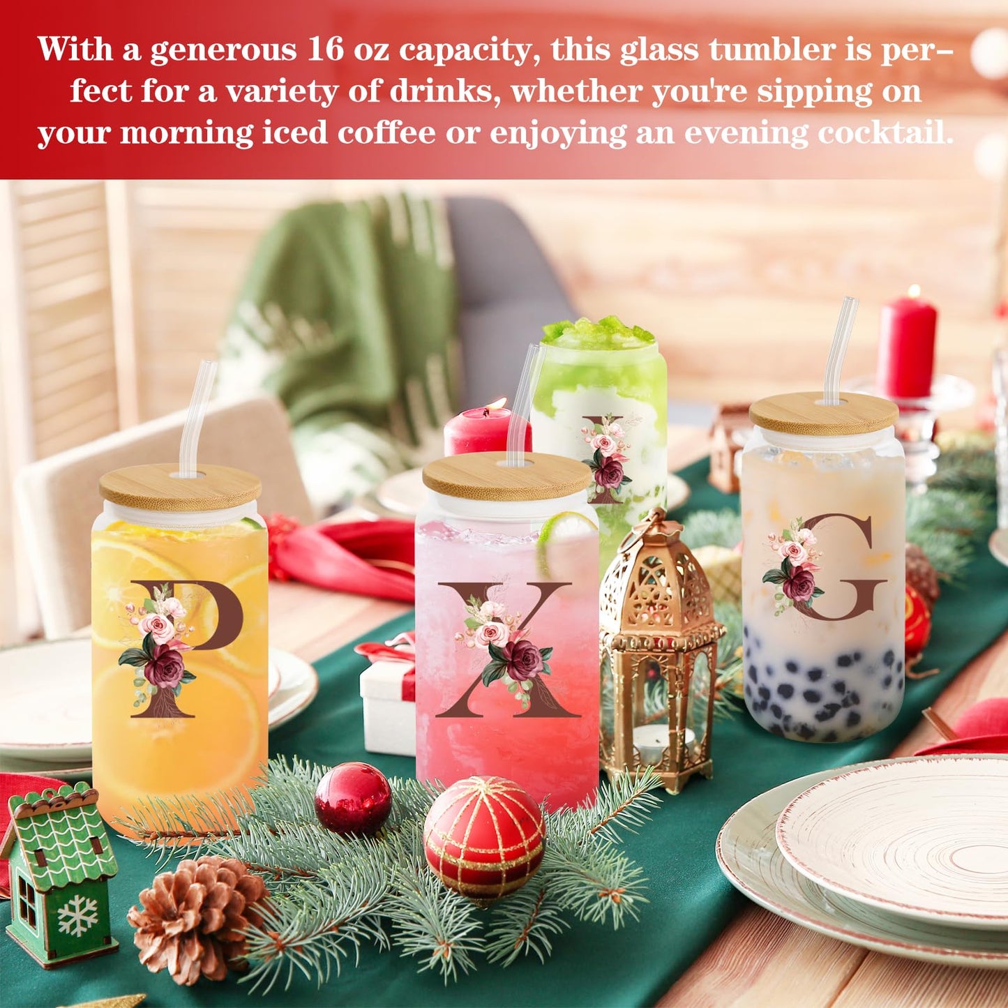 Birthday Gifts for Women, Personalized Gifts for Women, Monogrammed Initial Glass Cup - 16oz Glass Cups with Lids and Straws, Iced Coffee Cup, Beer Can Shaped Glass - Personalized Christmas Gifts J