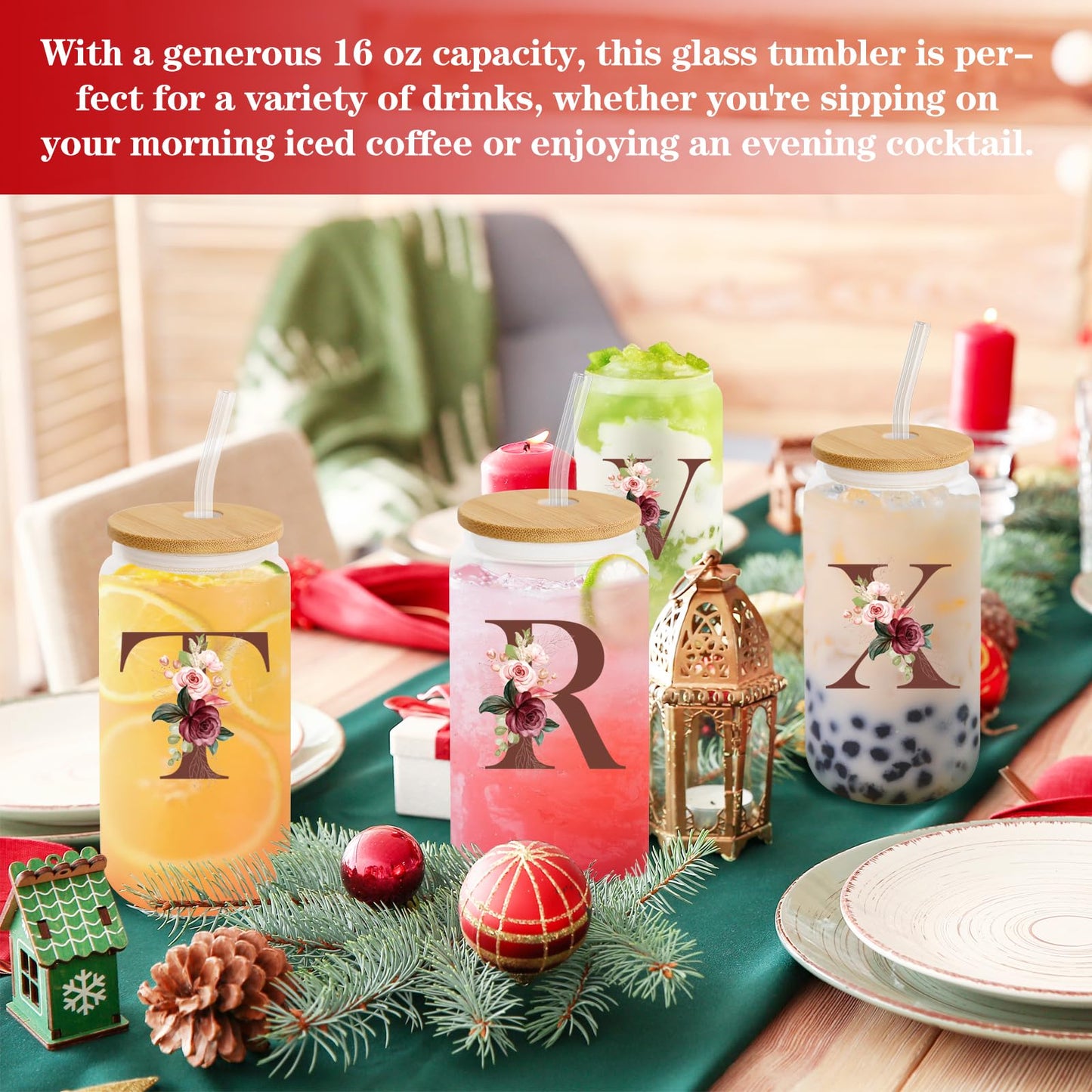 Birthday Gifts for Women, Personalized Gifts for Women, Monogrammed Initial Glass Cup - 16oz Glass Cups with Lids and Straws, Iced Coffee Cup, Beer Can Shaped Glass - Personalized Christmas Gifts J