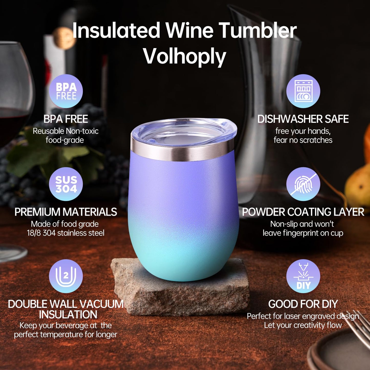 Volhoply 12oz Stainless Steel Wine Tumbler with Lid and Straw,Double Wall Vacuum Insulated Stemless Wine Glasses,Reusable Travel Coffee Mug for Cold Drinks,Small Tumblers Gifts for Women(White,1 Set)
