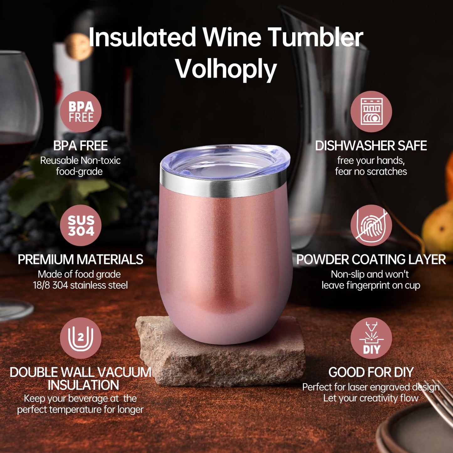 Volhoply 12oz Stainless Steel Wine Tumbler with Lid and Straw,Double Wall Vacuum Insulated Stemless Wine Glasses,Reusable Travel Coffee Mug for Cold Drinks,Small Tumblers Gifts for Women(White,1 Set)