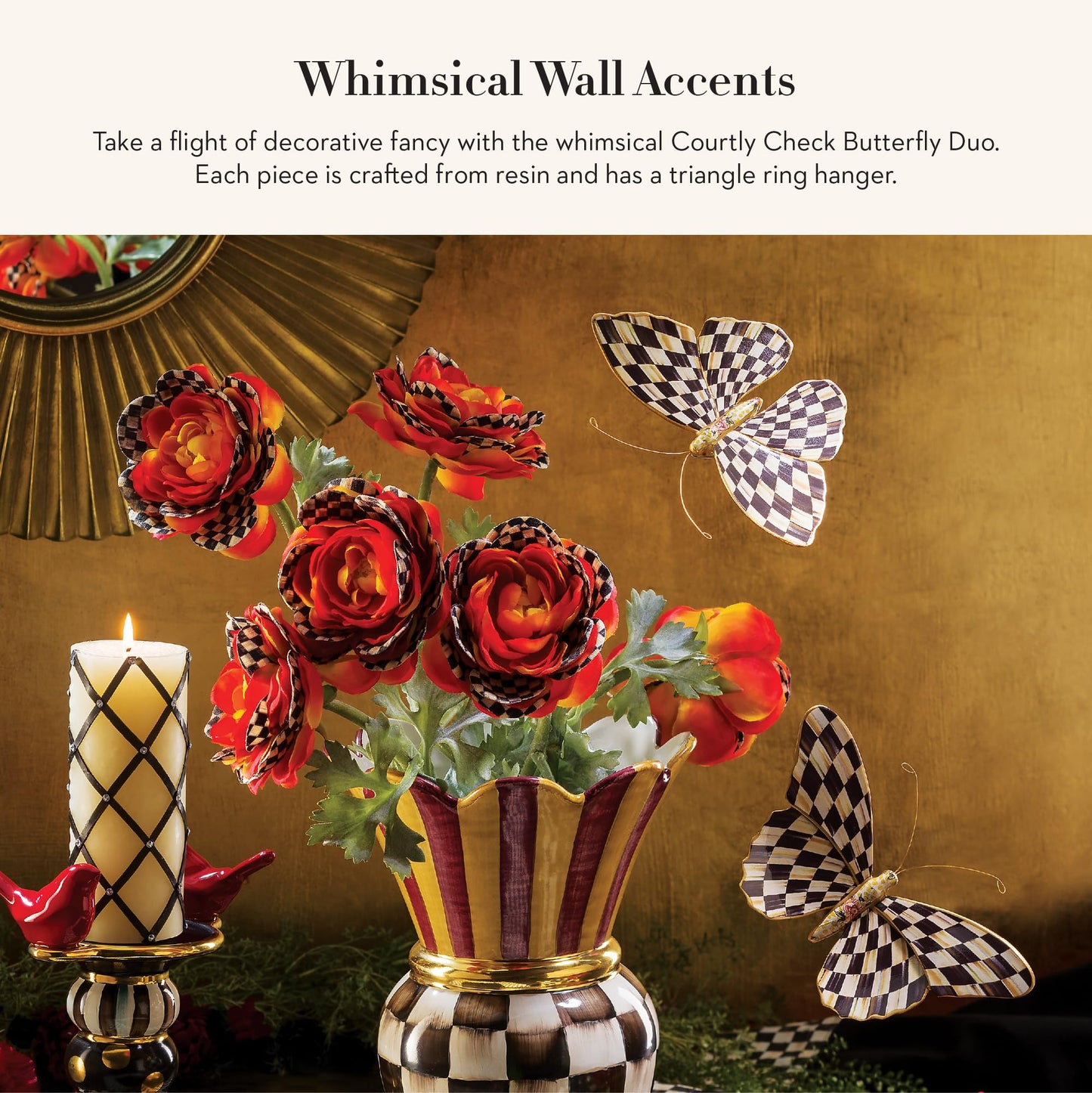 MACKENZIE-CHILDS Butterfly Duo, Hanging Butterfly Wall Decor, Black-and-White Courtly Check, Set of 2